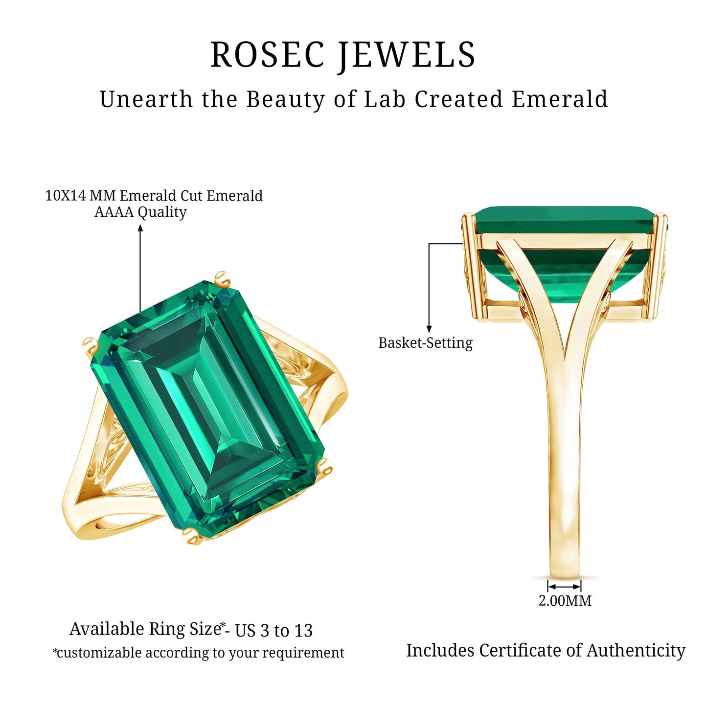 8 Carat Lab Grown Emerald Engagement Ring in Yellow Gold Plated Silver