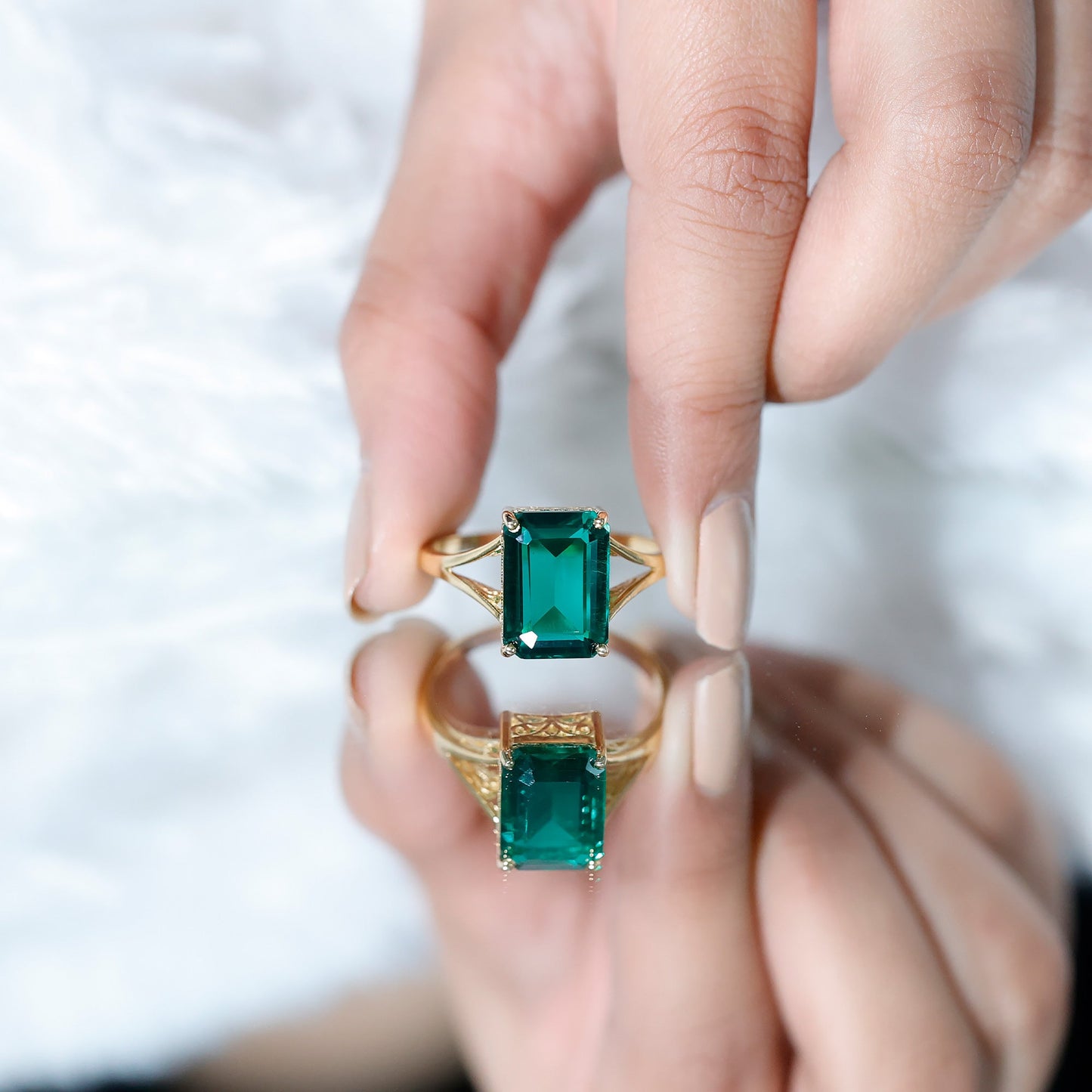 8 Carat Lab Grown Emerald Engagement Ring in Yellow Gold Plated Silver