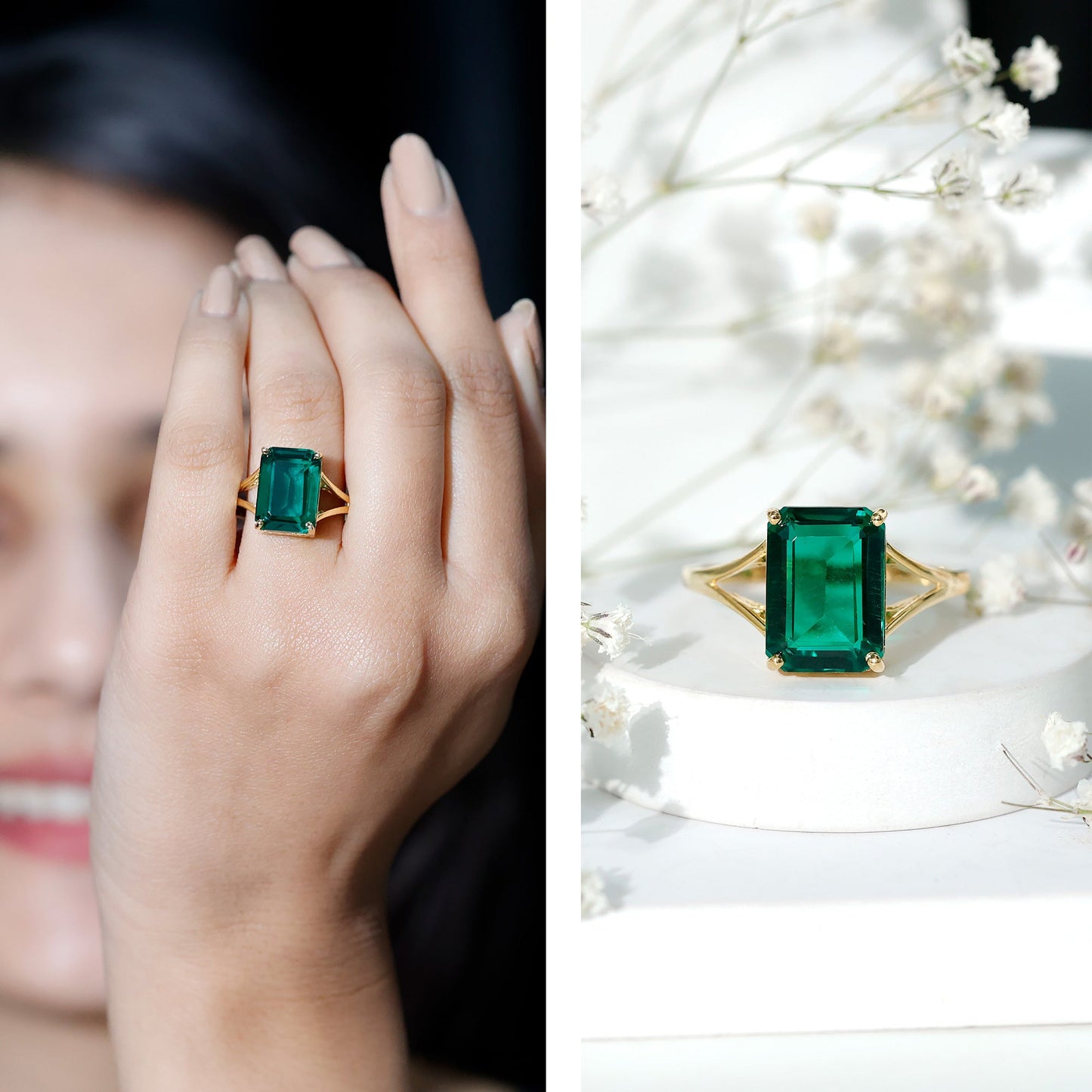 8 Carat Lab Grown Emerald Engagement Ring in Yellow Gold Plated Silver