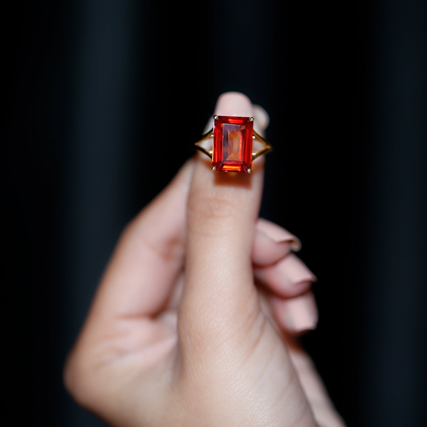 9 Carat Lab Grown Orange Sapphire Emerald Cut Engagement Ring with Split Shank