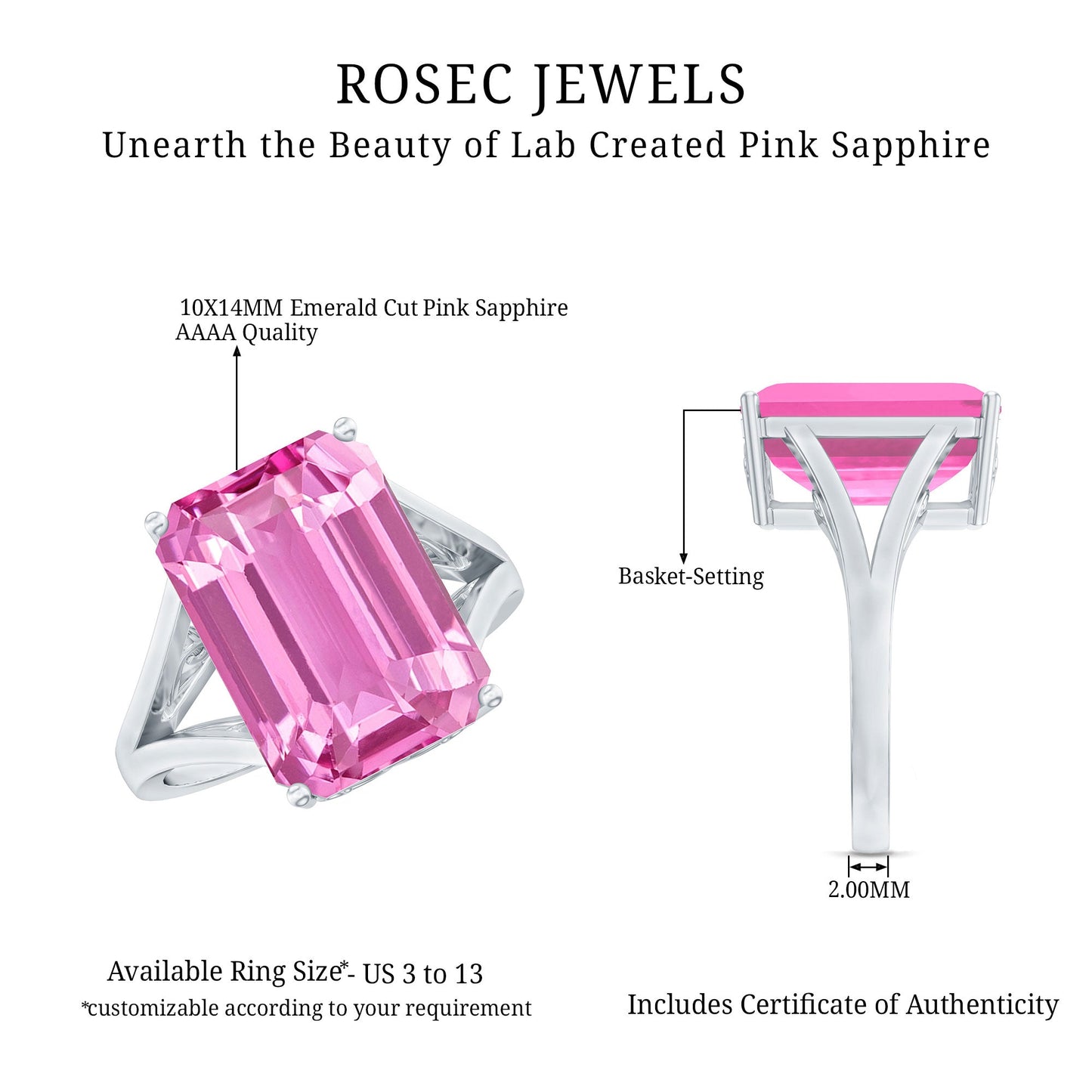 Solitaire Lab Grown Pink Sapphire Big Engagement Ring With Certificate