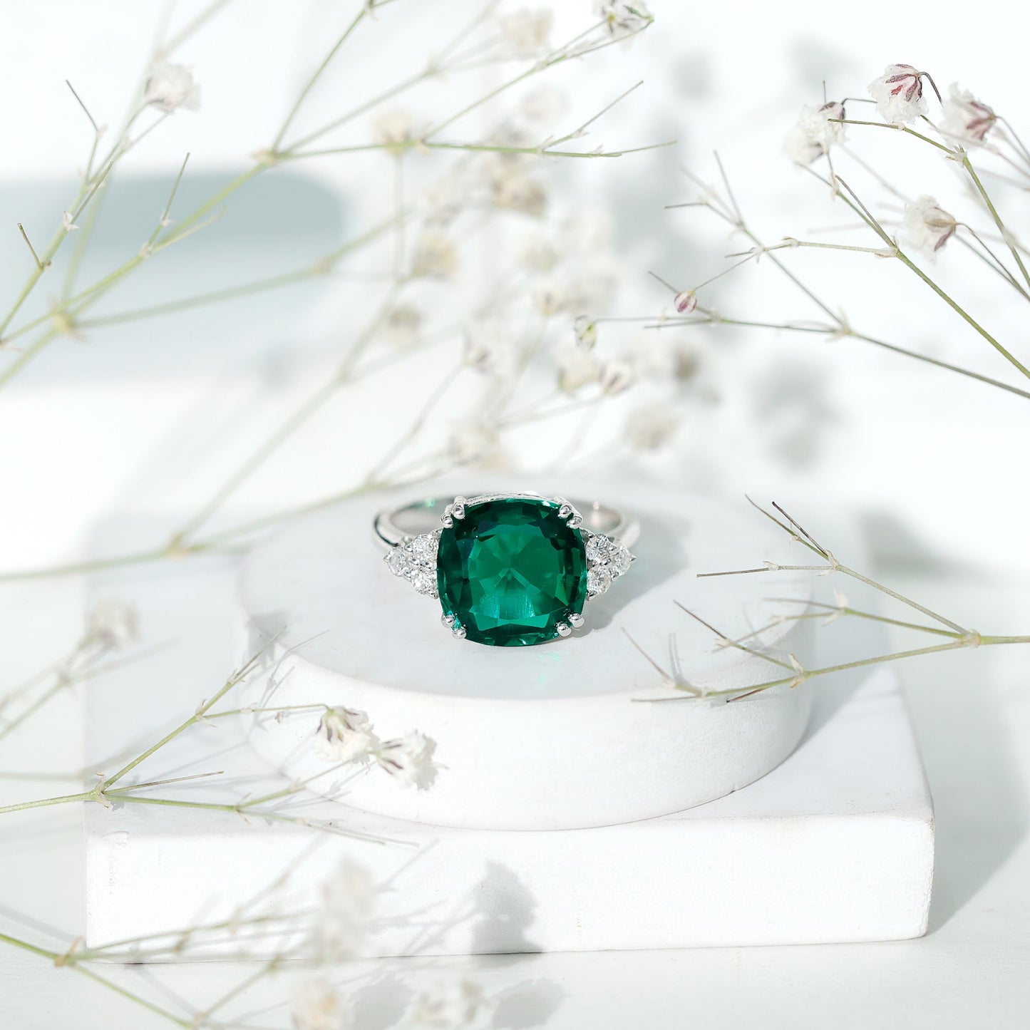Lab Grown Emerald 9 Carat Cushion Cut Engagement Ring with Diamond Trio