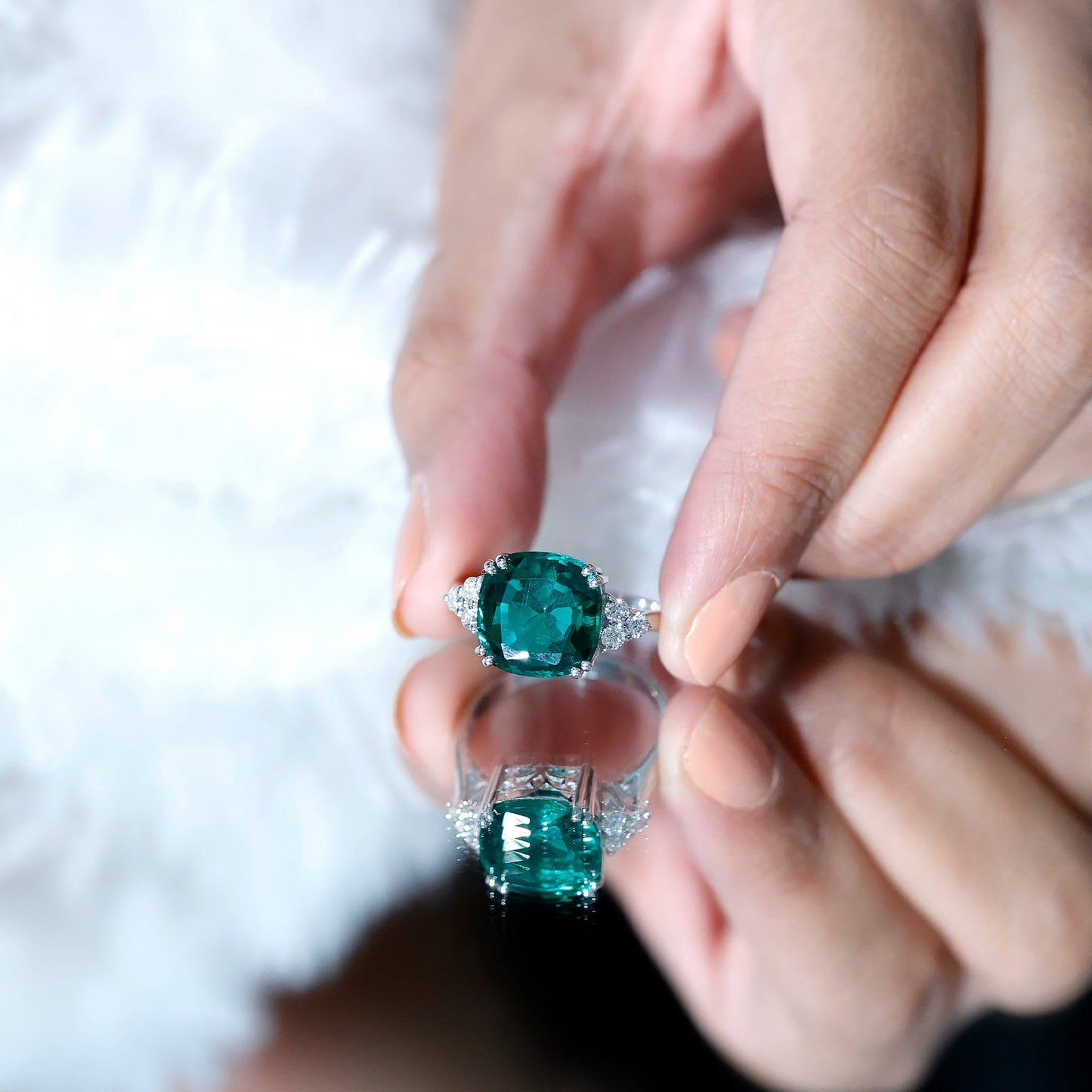Lab Grown Emerald 9 Carat Cushion Cut Engagement Ring with Diamond Trio