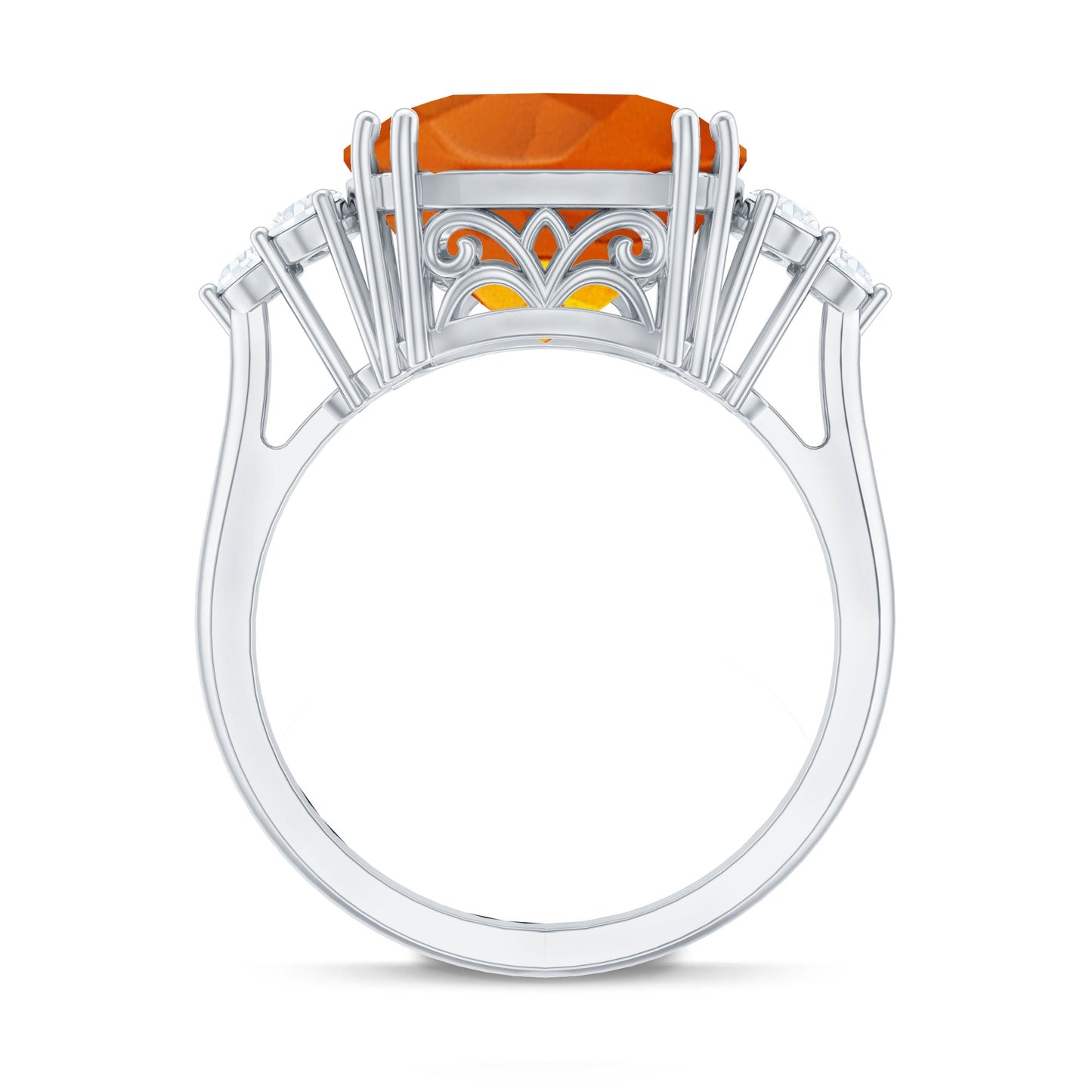 9 Carat Lab Grown Orange Sapphire Cushion Cut Engagement Ring with Diamond Trio