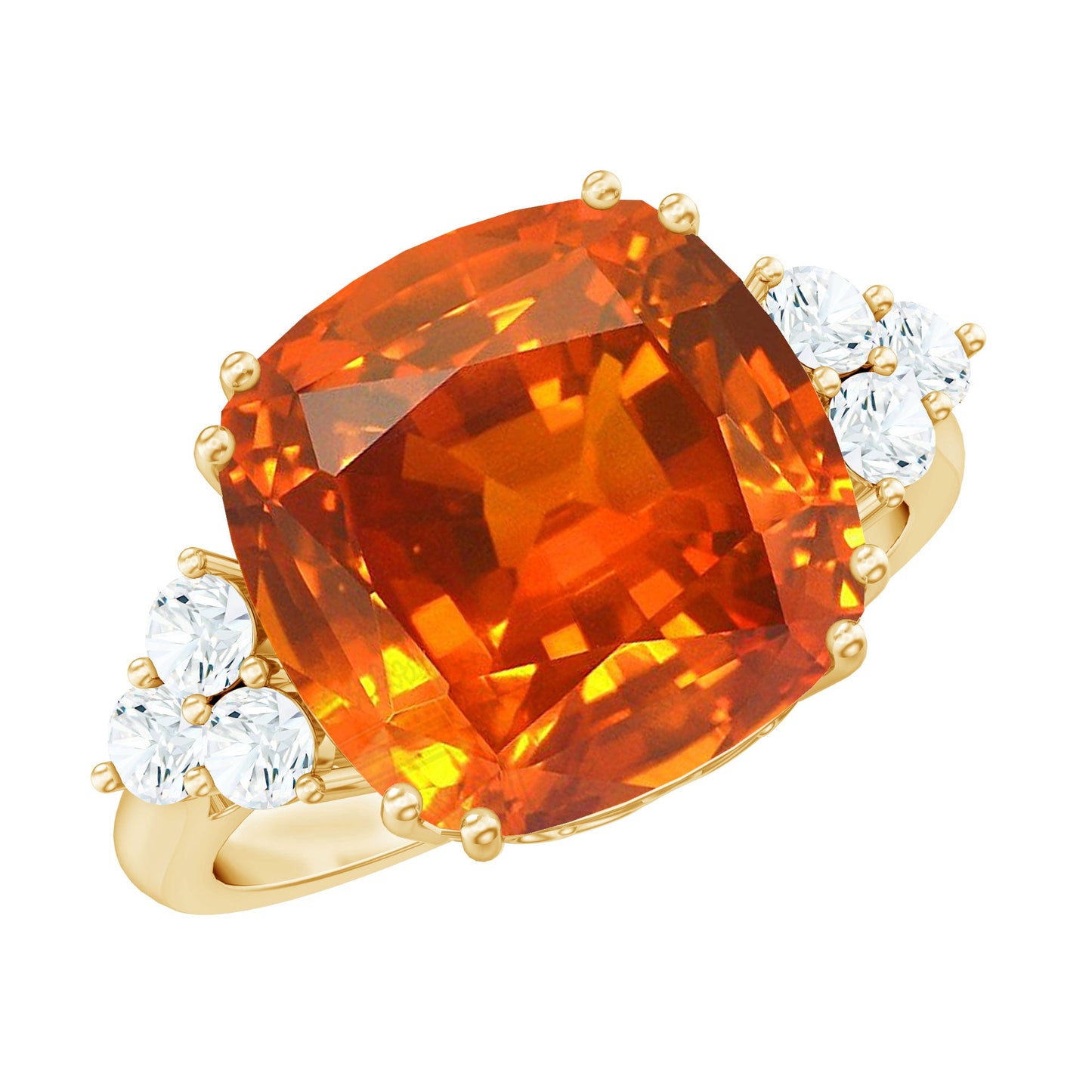 9 Carat Lab Grown Orange Sapphire Cushion Cut Engagement Ring with Diamond Trio