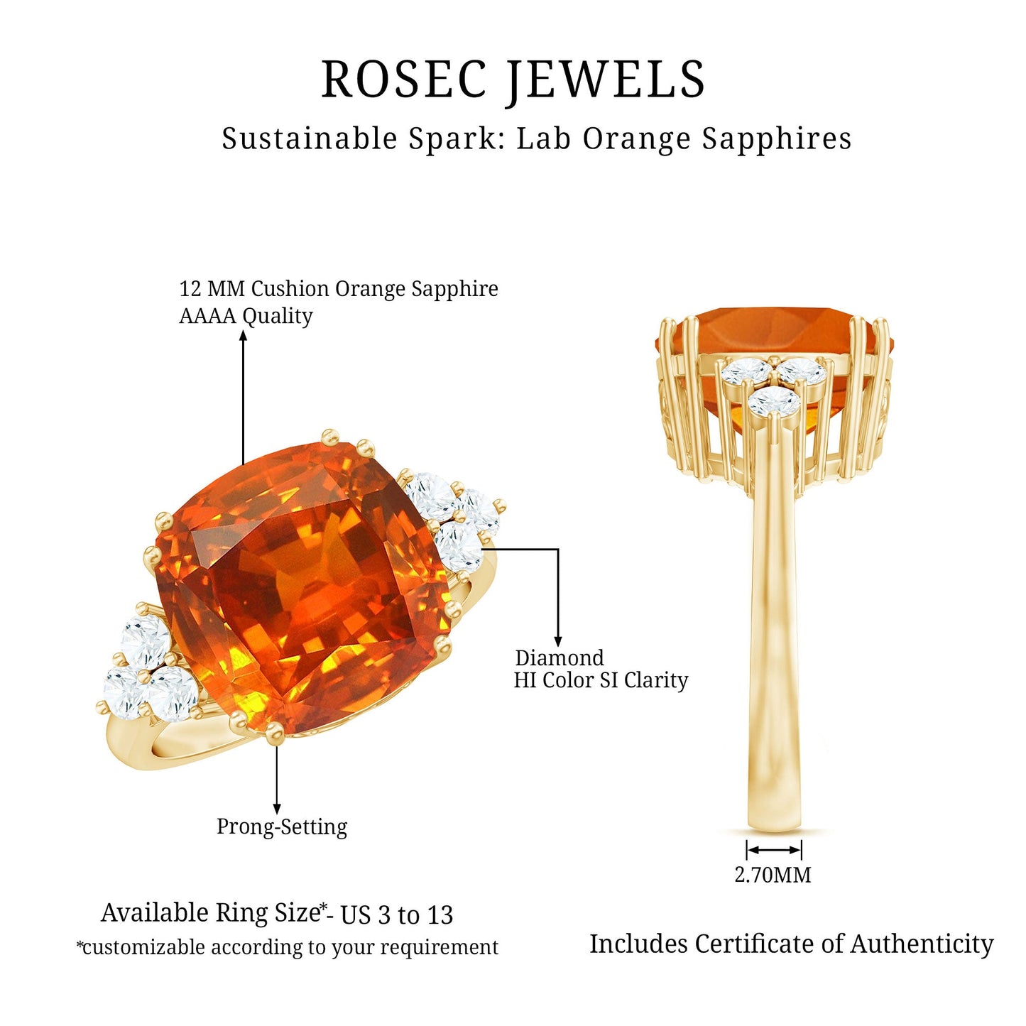 9 Carat Lab Grown Orange Sapphire Cushion Cut Engagement Ring with Diamond Trio