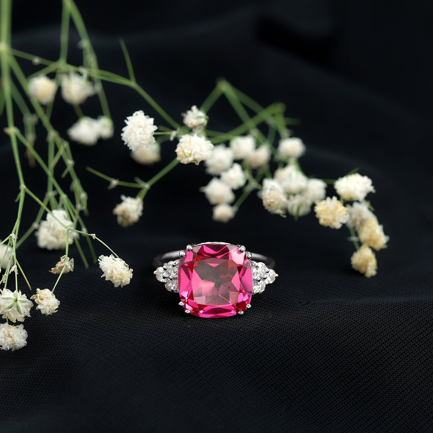 Lab Grown Pink Sapphire Solitaire Engagement Ring with Diamond Trio