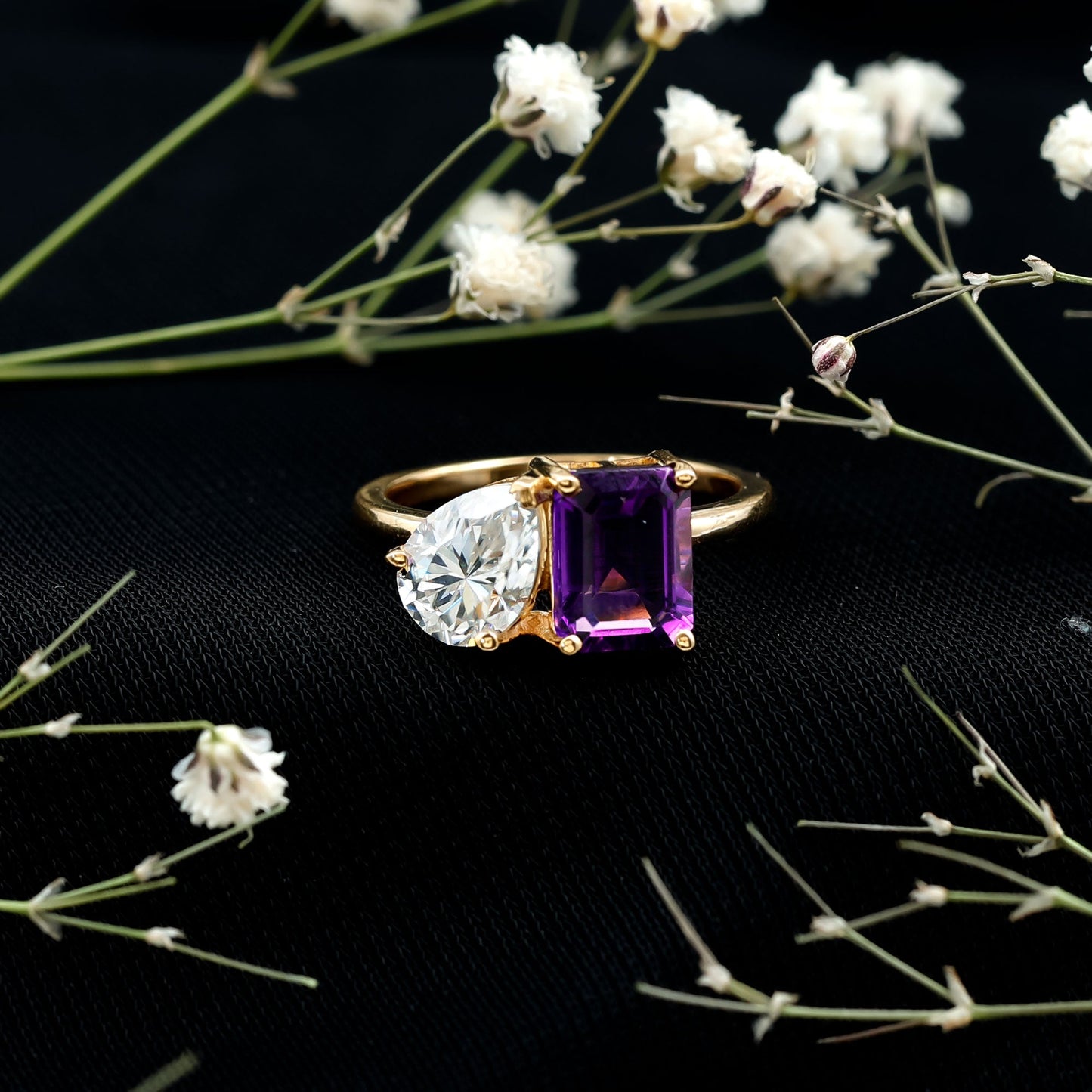 Certified Real Amethyst Toi Et Moi Engagement Ring with Moissanite