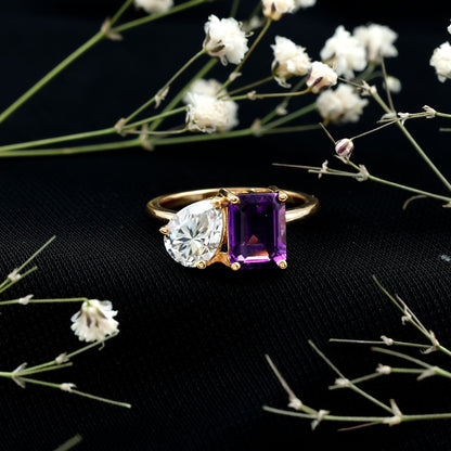 Certified Real Amethyst Toi Et Moi Engagement Ring with Moissanite