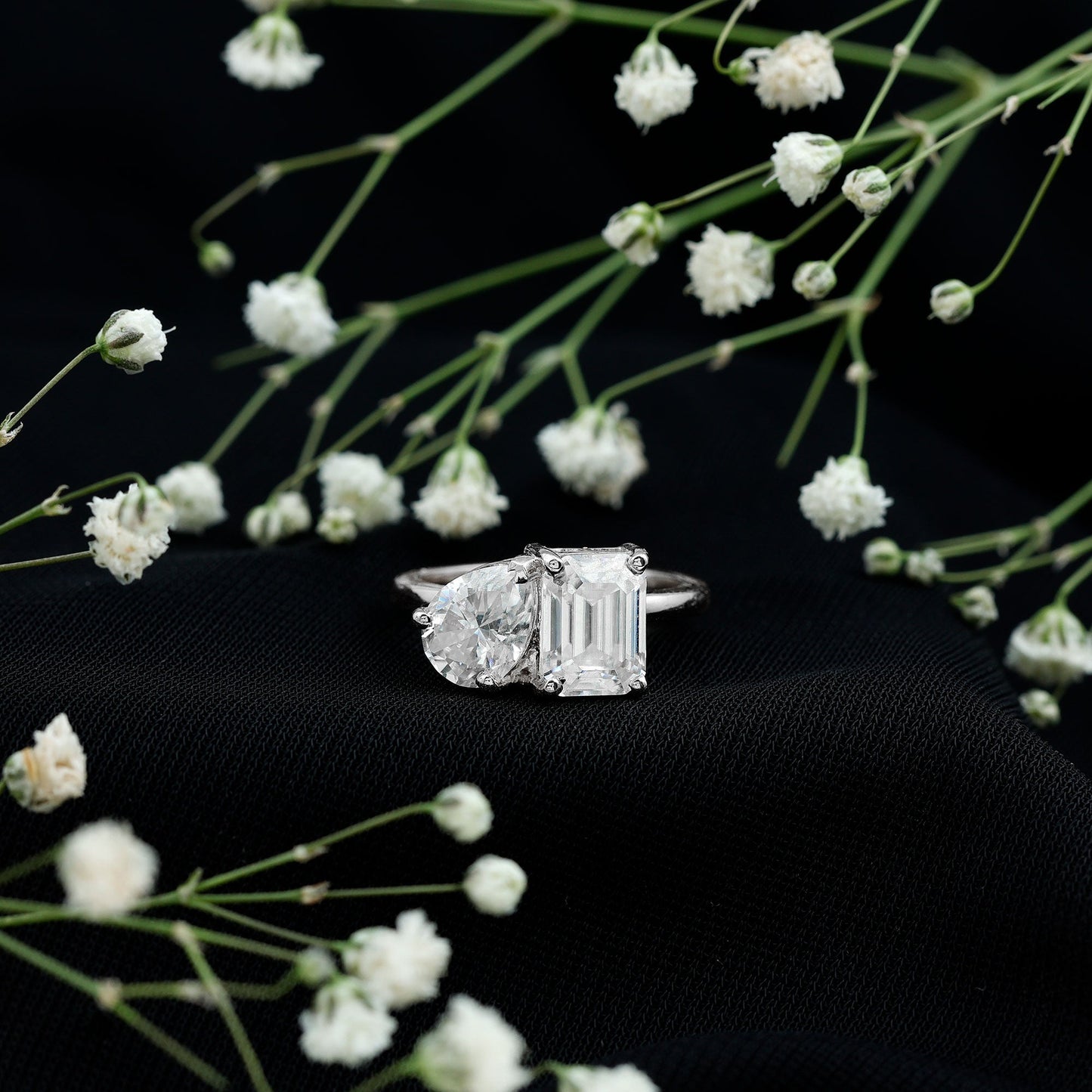 Pear and Emerald Cut Moissanite Toi Et Moi Engagement Ring