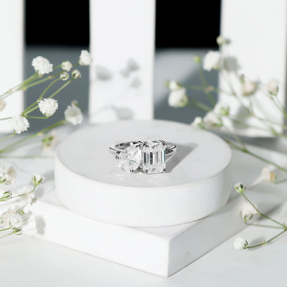 Pear and Emerald Cut Moissanite Toi Et Moi Engagement Ring