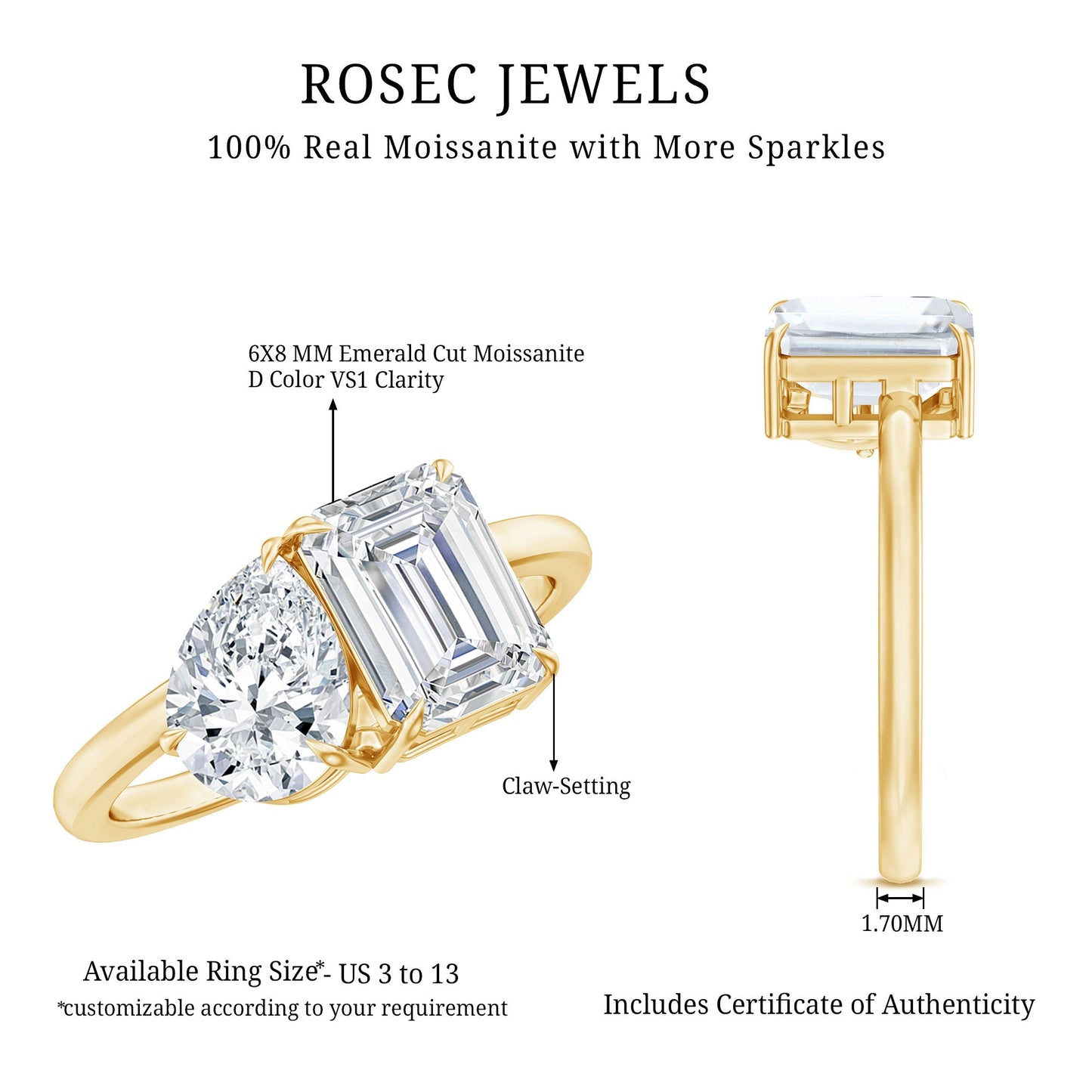 Pear and Emerald Cut Moissanite Toi Et Moi Engagement Ring
