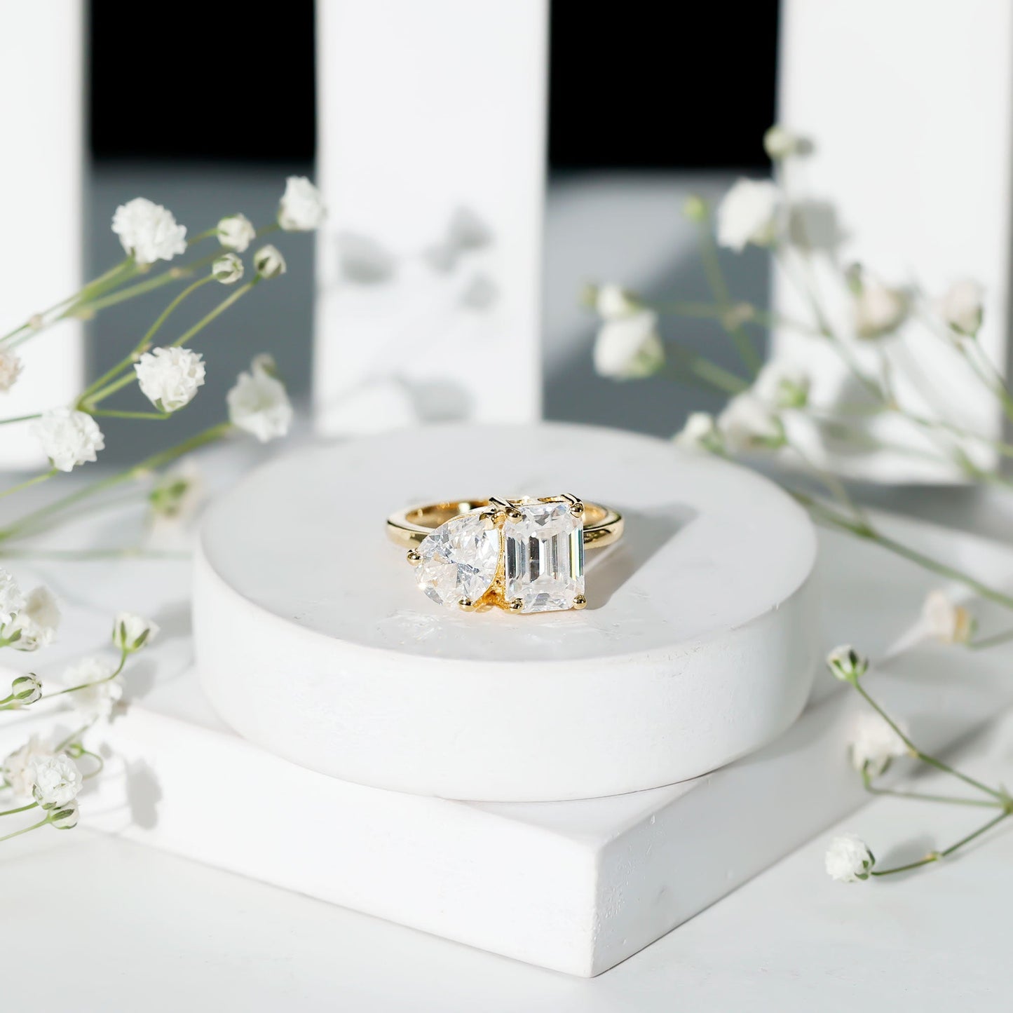 Pear and Emerald Cut Moissanite Toi Et Moi Engagement Ring