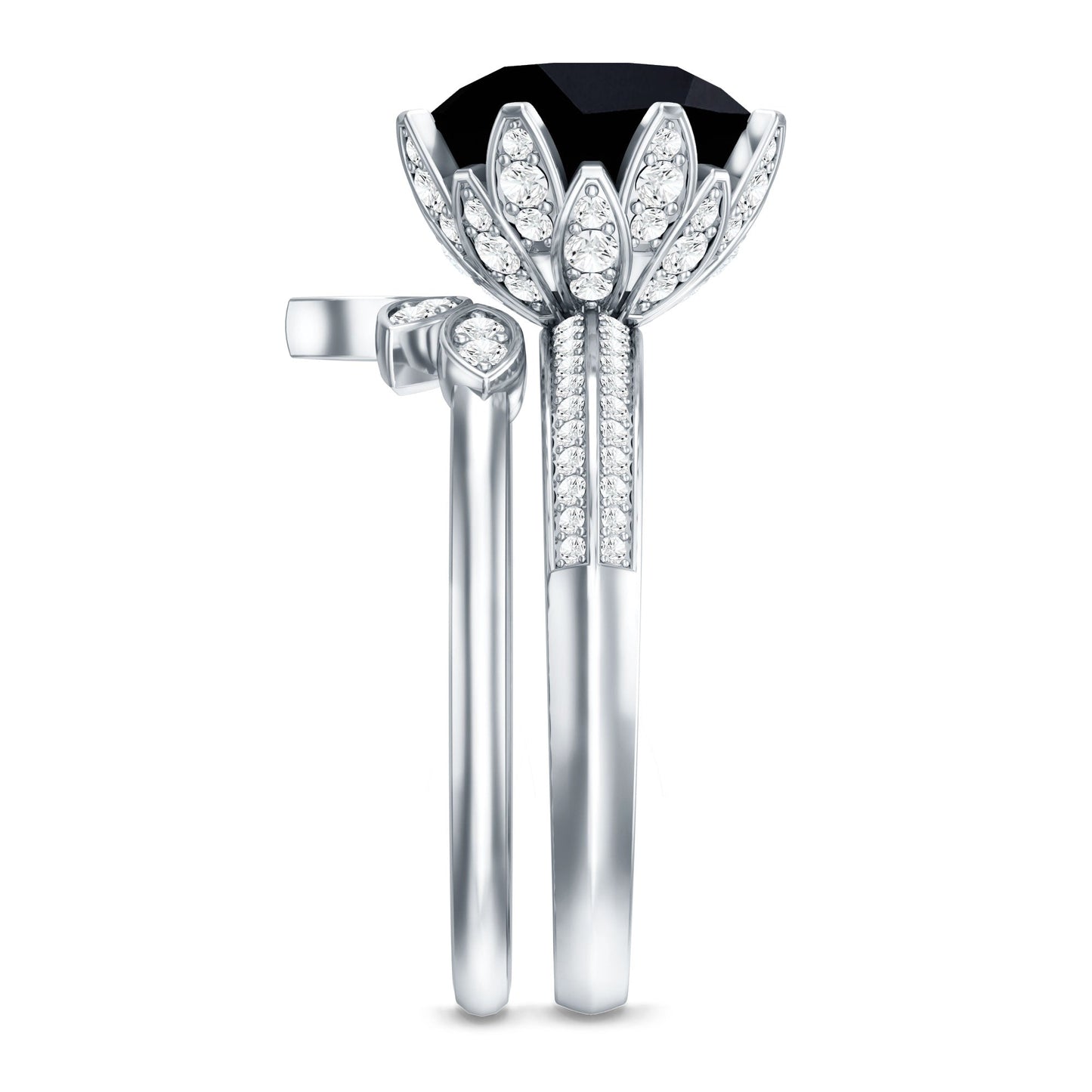 Nature Inspired 4.5 Carat Lab Grown Black and White Diamond Wedding Engagement Ring Set