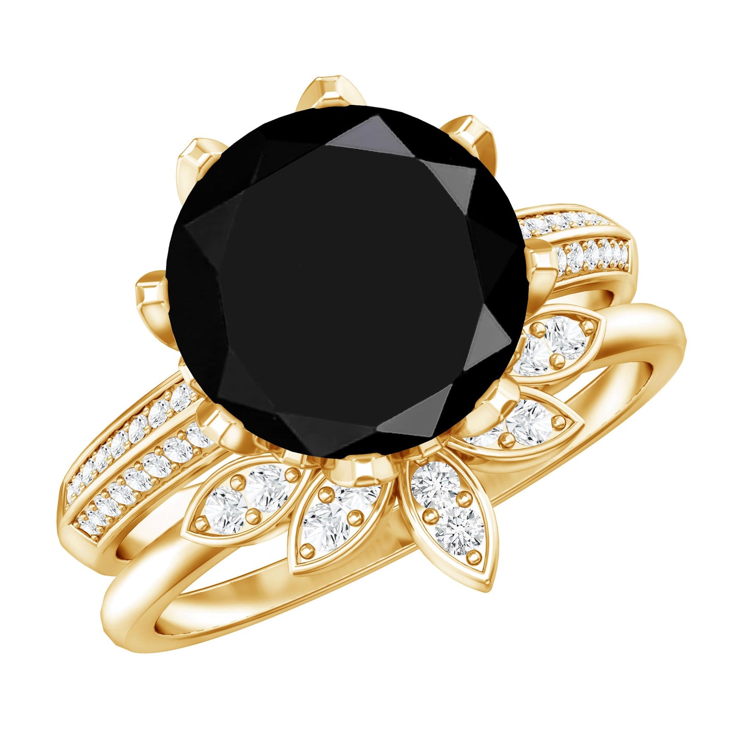 Nature Inspired 4.5 Carat Lab Grown Black and White Diamond Wedding Engagement Ring Set