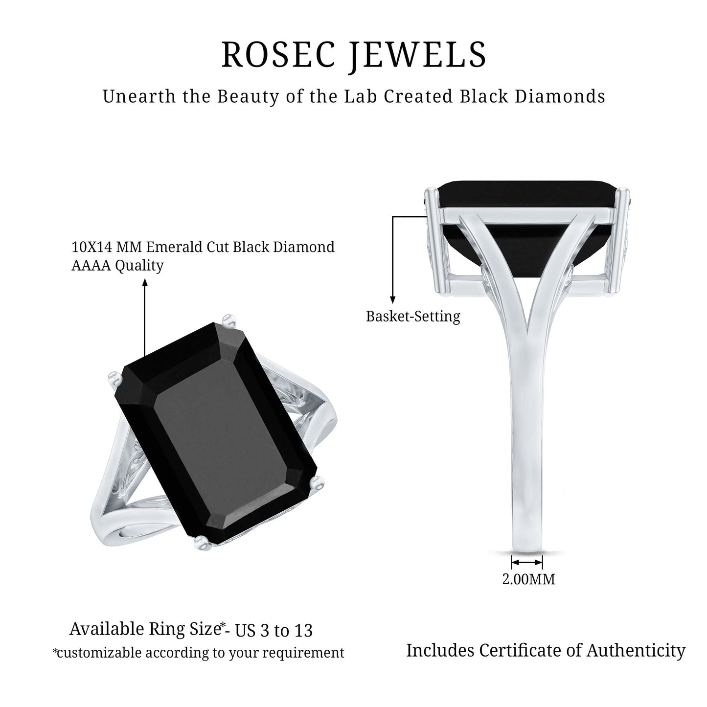 9 Carat Solitaire Lab Grown Black Diamond Emerald Cut Engagement Ring