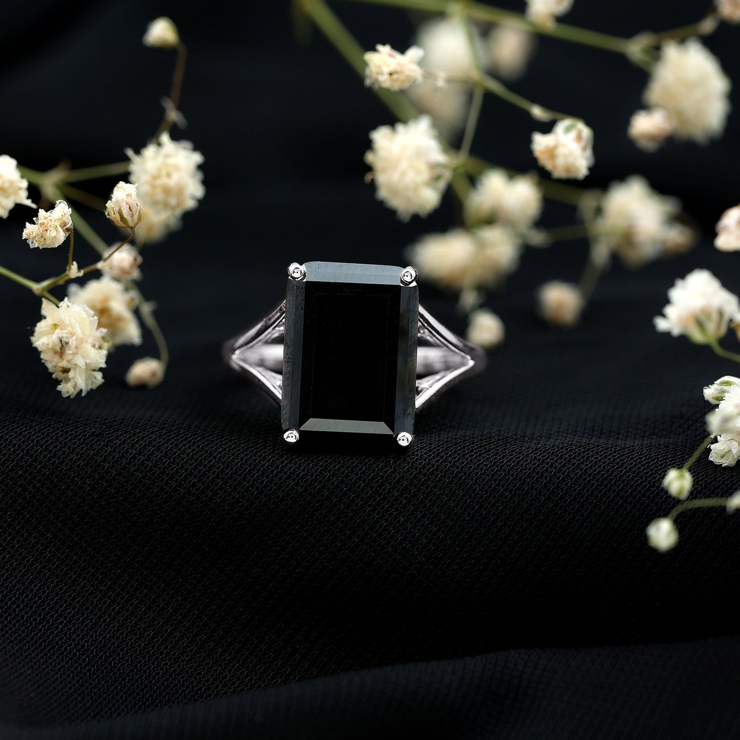 9 Carat Solitaire Lab Grown Black Diamond Emerald Cut Engagement Ring