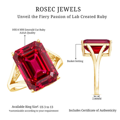 Lab Grown Ruby 5 Carat Emerald Cut Engagement Ring with Split Shank