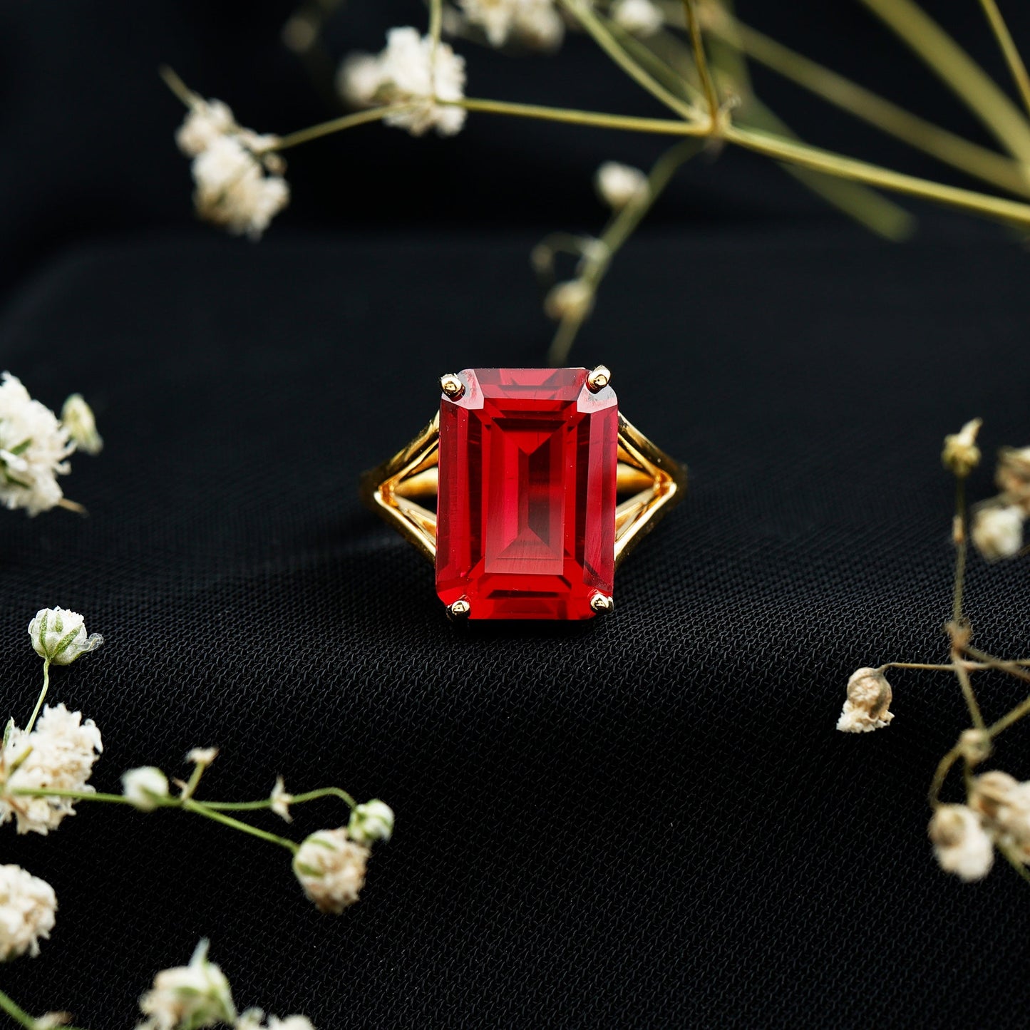 Certified 5 Carat Emerald Cut Lab Grown Ruby Engagement Ring with Split Shank