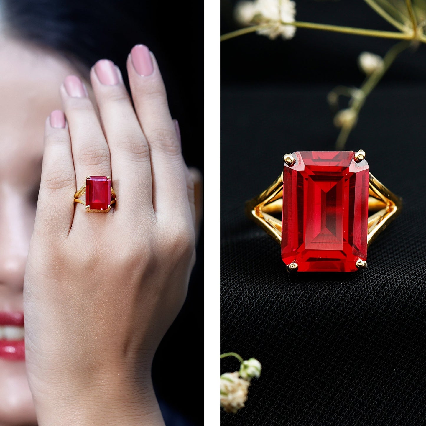 Certified 5 Carat Emerald Cut Lab Grown Ruby Engagement Ring with Split Shank