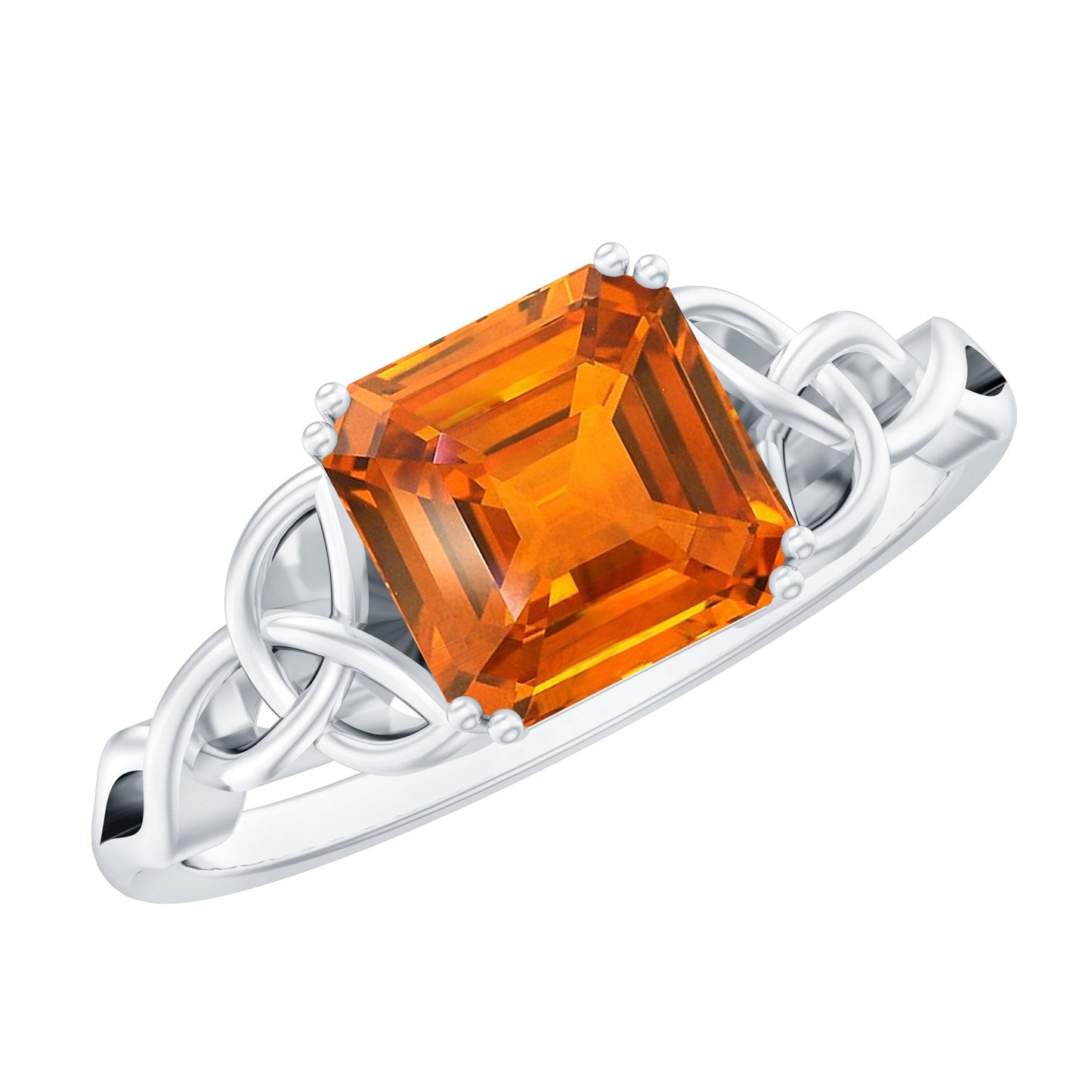 4.8 Carat Asscher Cut Lab Grown Orange Sapphire Engagement Ring with Celtic Knot