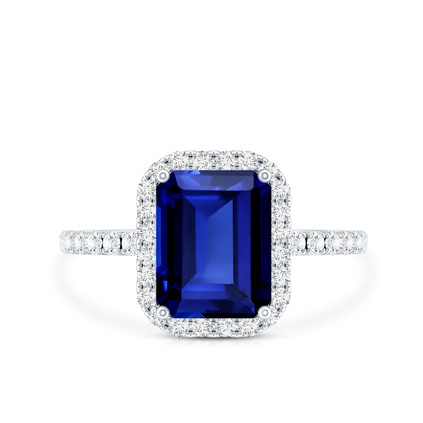 Certified 2.75 Carat Emerald Cut Lab Grown Blue Sapphire Engagement Ring with Diamond Halo