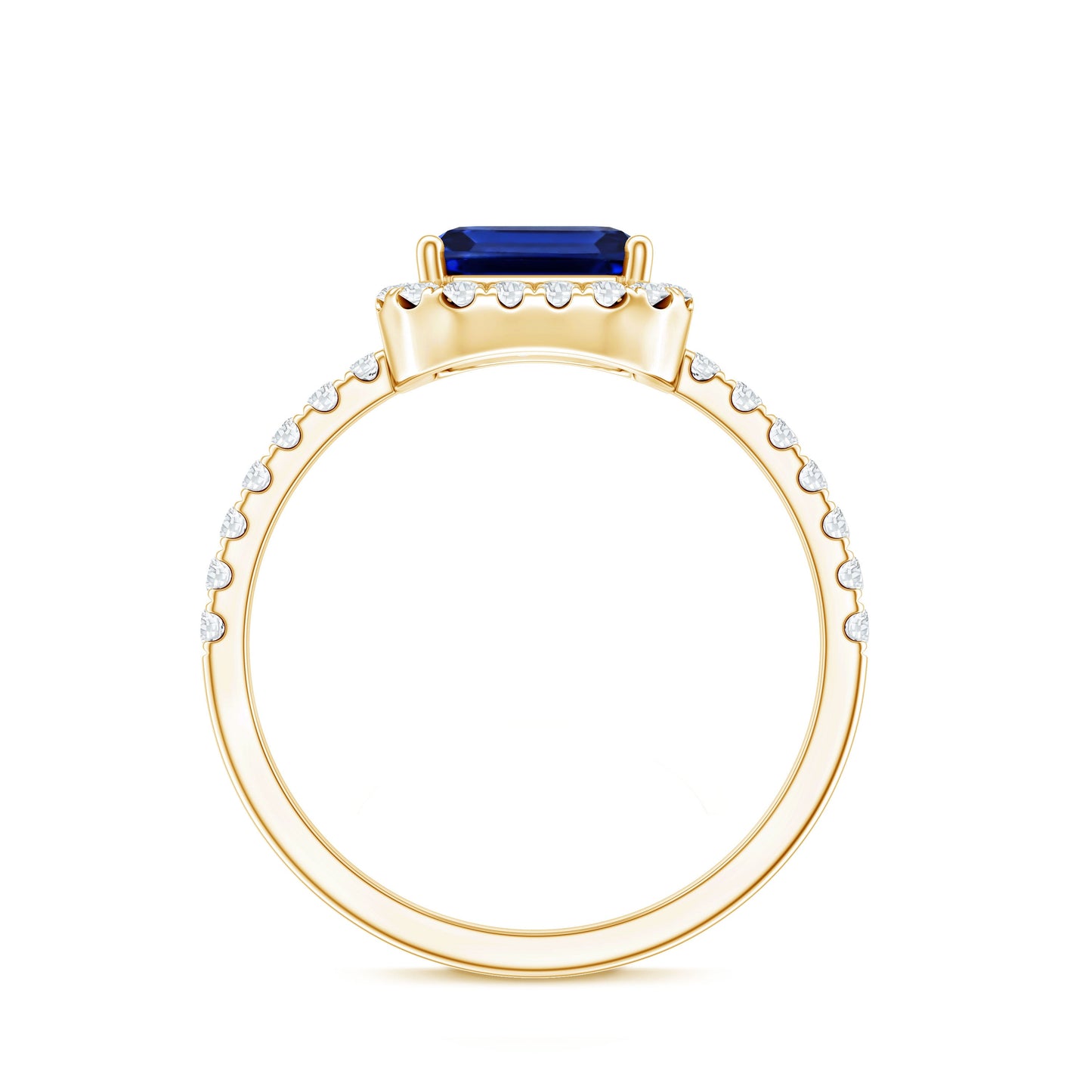 Certified 2.75 Carat Emerald Cut Lab Grown Blue Sapphire Engagement Ring with Diamond Halo