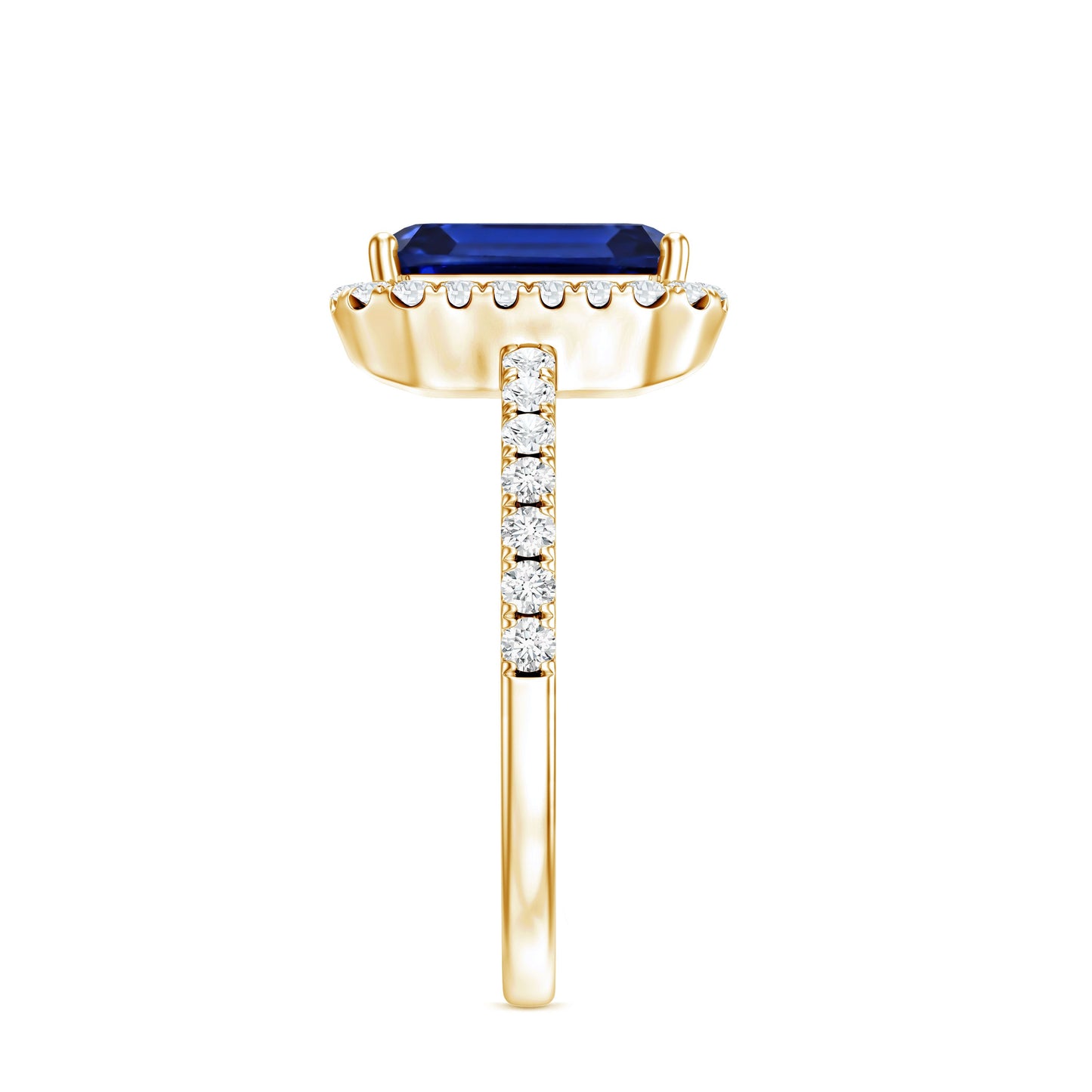 Certified 2.75 Carat Emerald Cut Lab Grown Blue Sapphire Engagement Ring with Diamond Halo