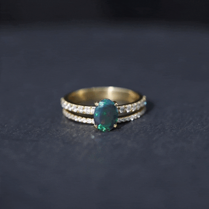 0.9 Carat Oval Cut Black Opal Wedding Ring Set With Diamond