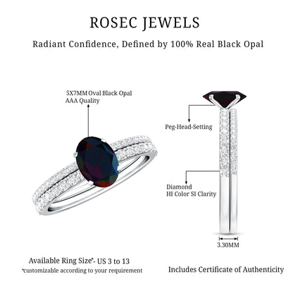 0.9 Carat Oval Cut Black Opal Wedding Ring Set With Diamond