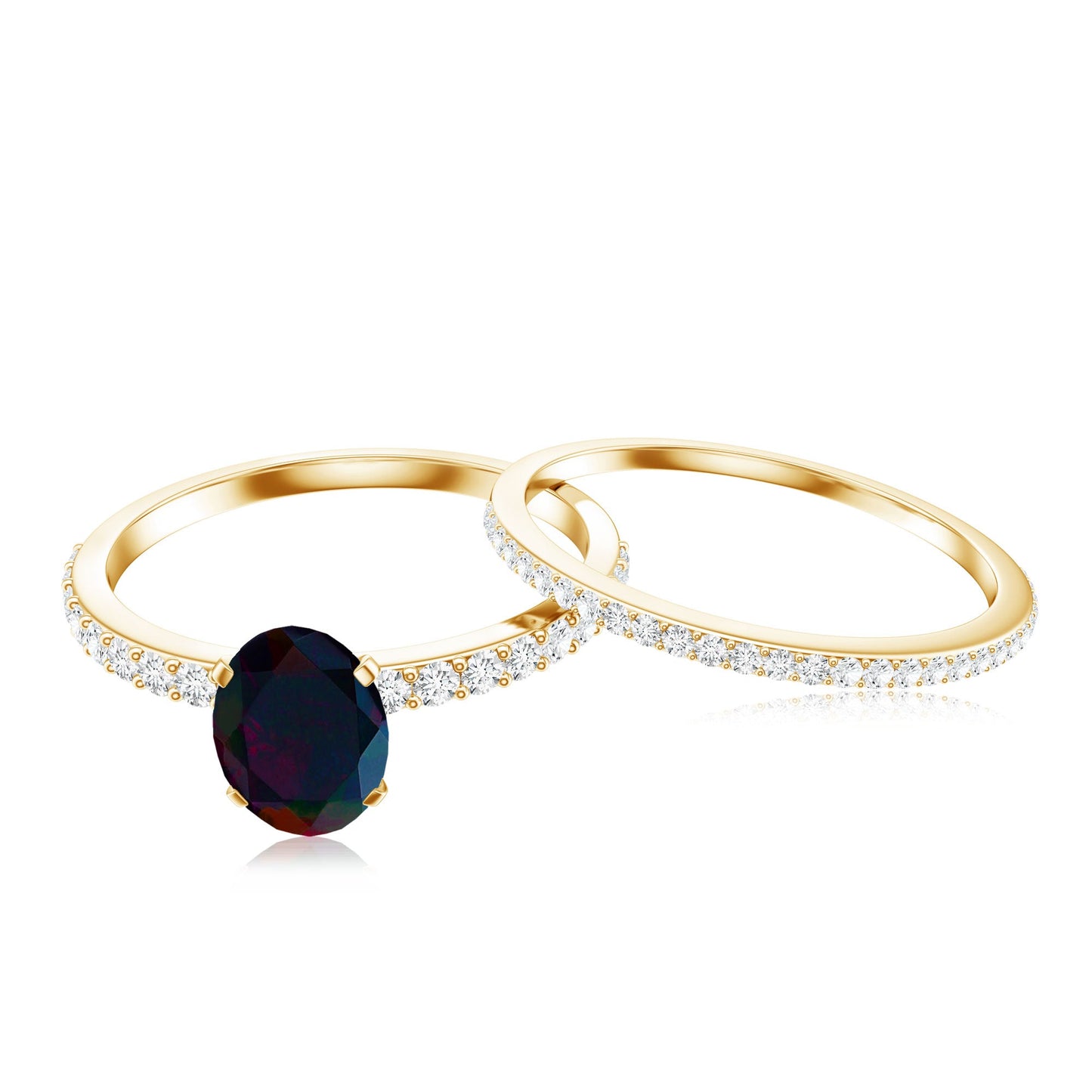 0.9 Carat Oval Cut Black Opal Wedding Ring Set With Diamond