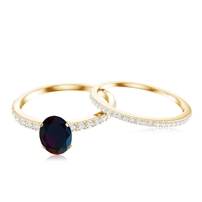 0.9 Carat Oval Cut Black Opal Wedding Ring Set With Diamond