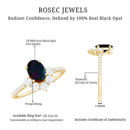 Oval Black Opal and Diamond Half Halo Engagement Ring