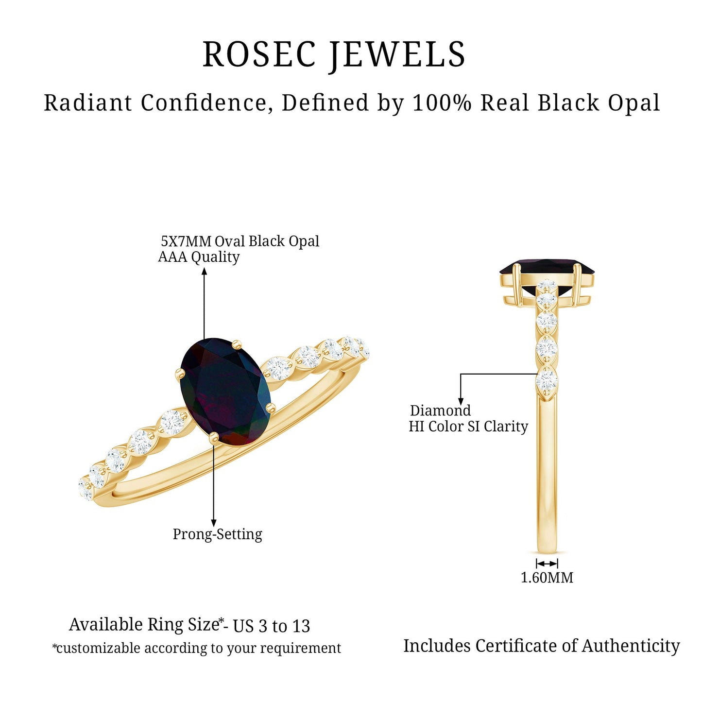 Oval Black Opal Solitaire Engagement Ring with Diamond
