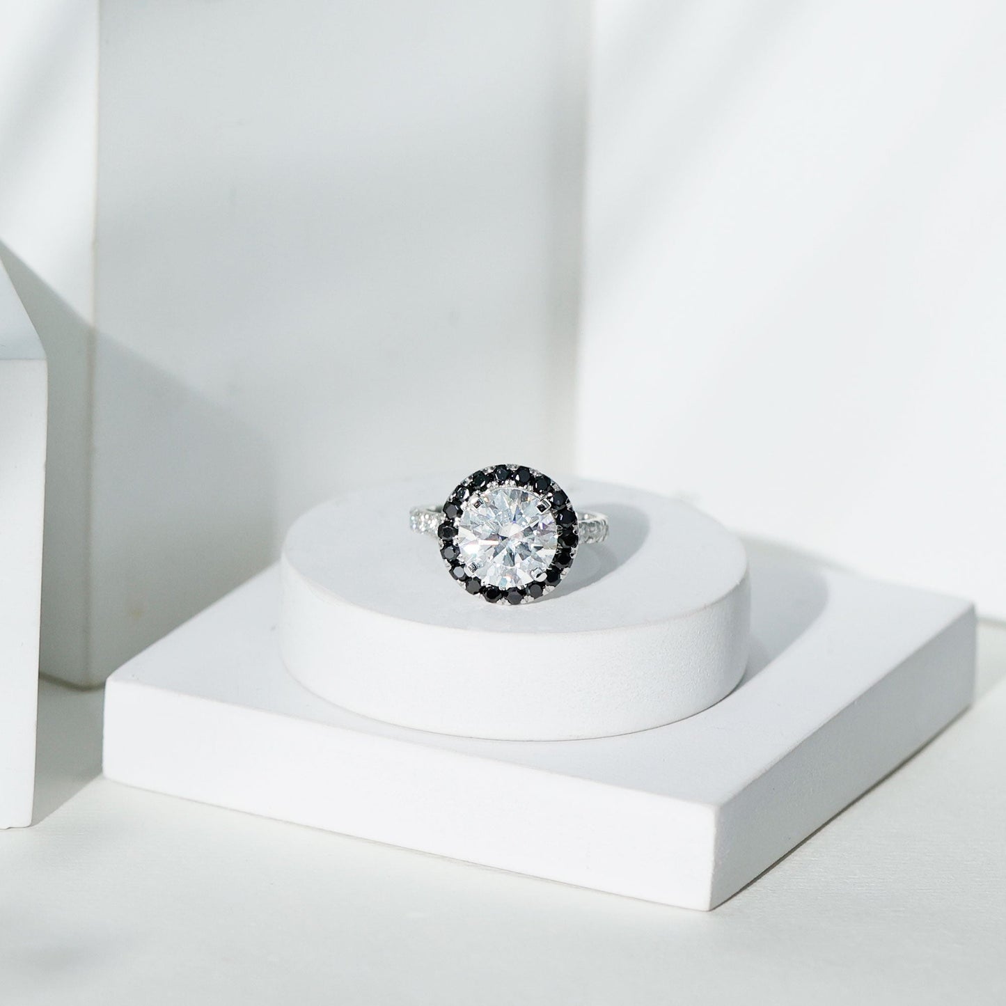 Certified 4.4 Carat Moissanite Halo Engagement Ring With Lab Black Diamond