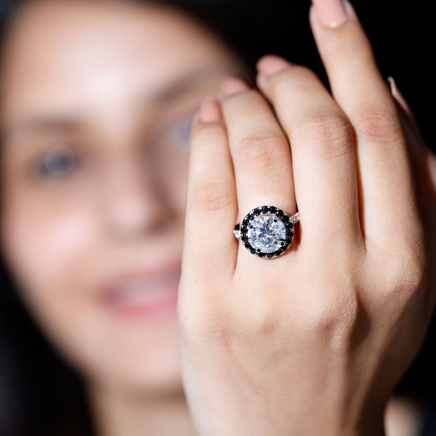 Certified 4.4 Carat Moissanite Halo Engagement Ring With Lab Black Diamond