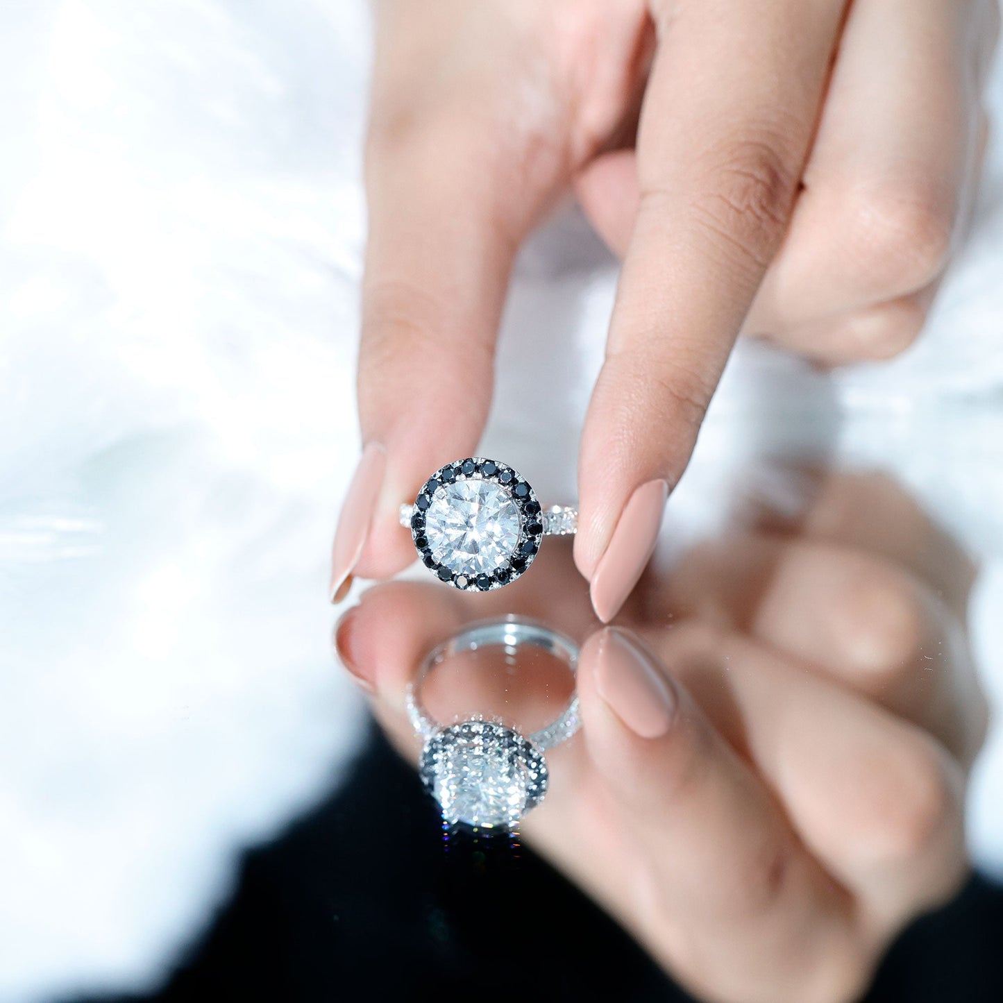 Certified 4.4 Carat Moissanite Halo Engagement Ring With Lab Black Diamond