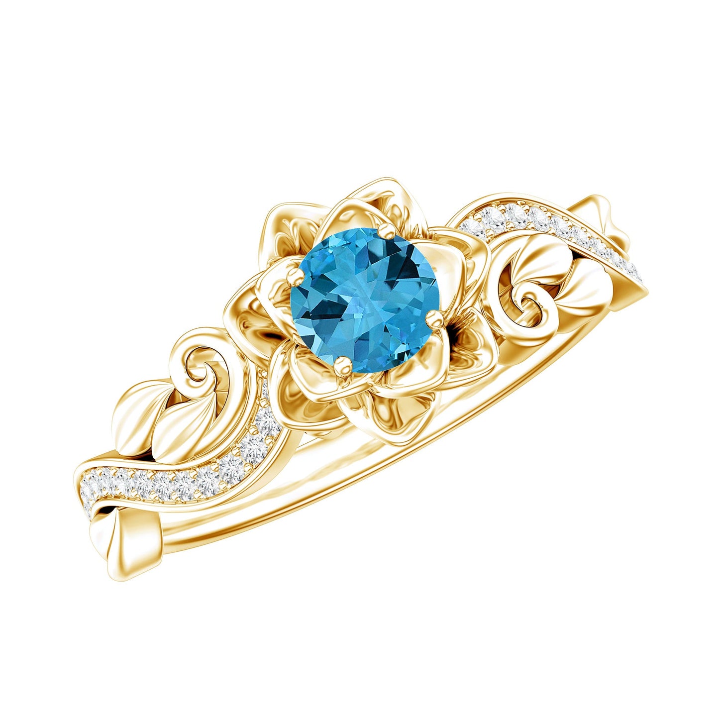 Natural Swiss Blue Topaz Flower Engagement Ring in Gold Plated Silver