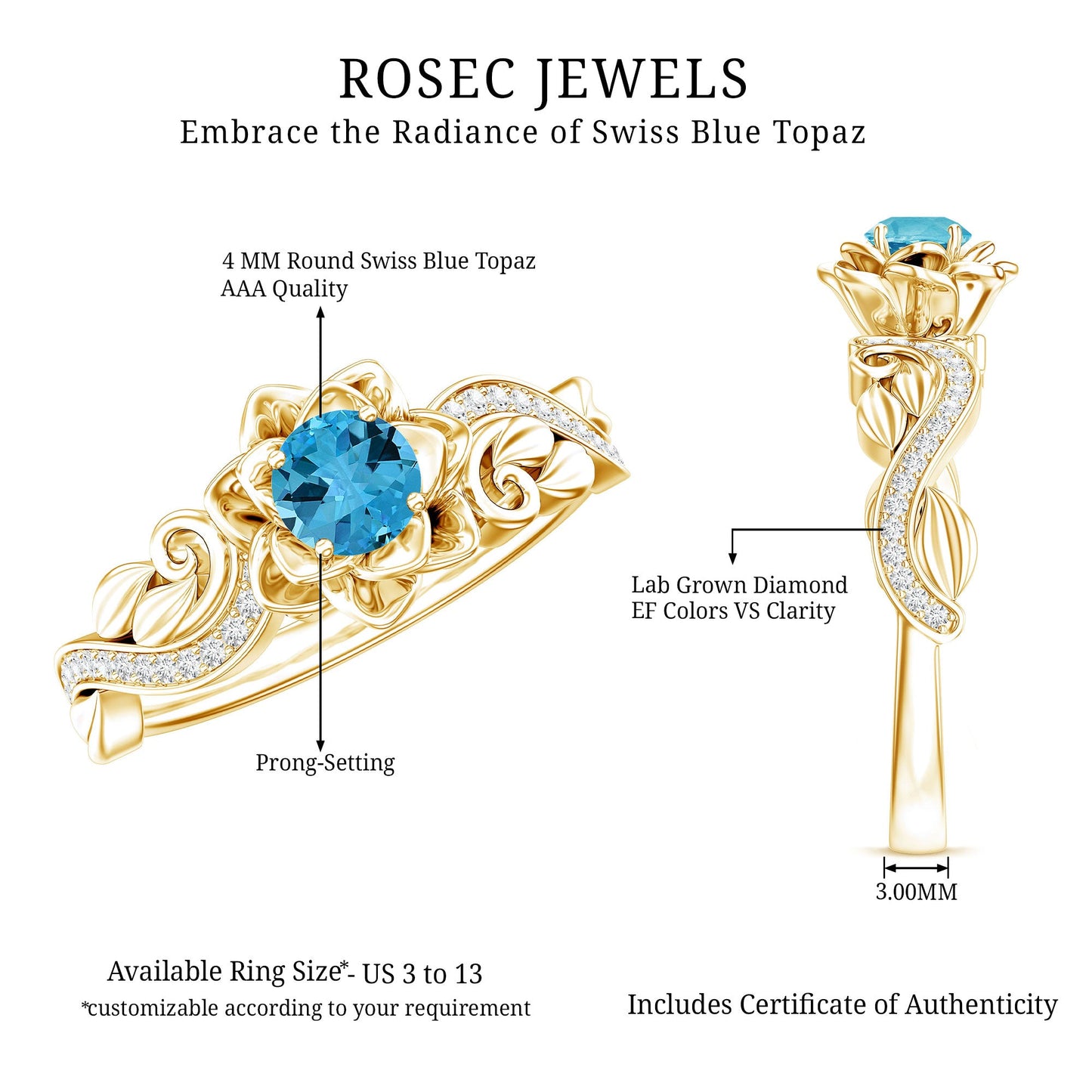 Natural Swiss Blue Topaz Flower Engagement Ring in Gold Plated Silver