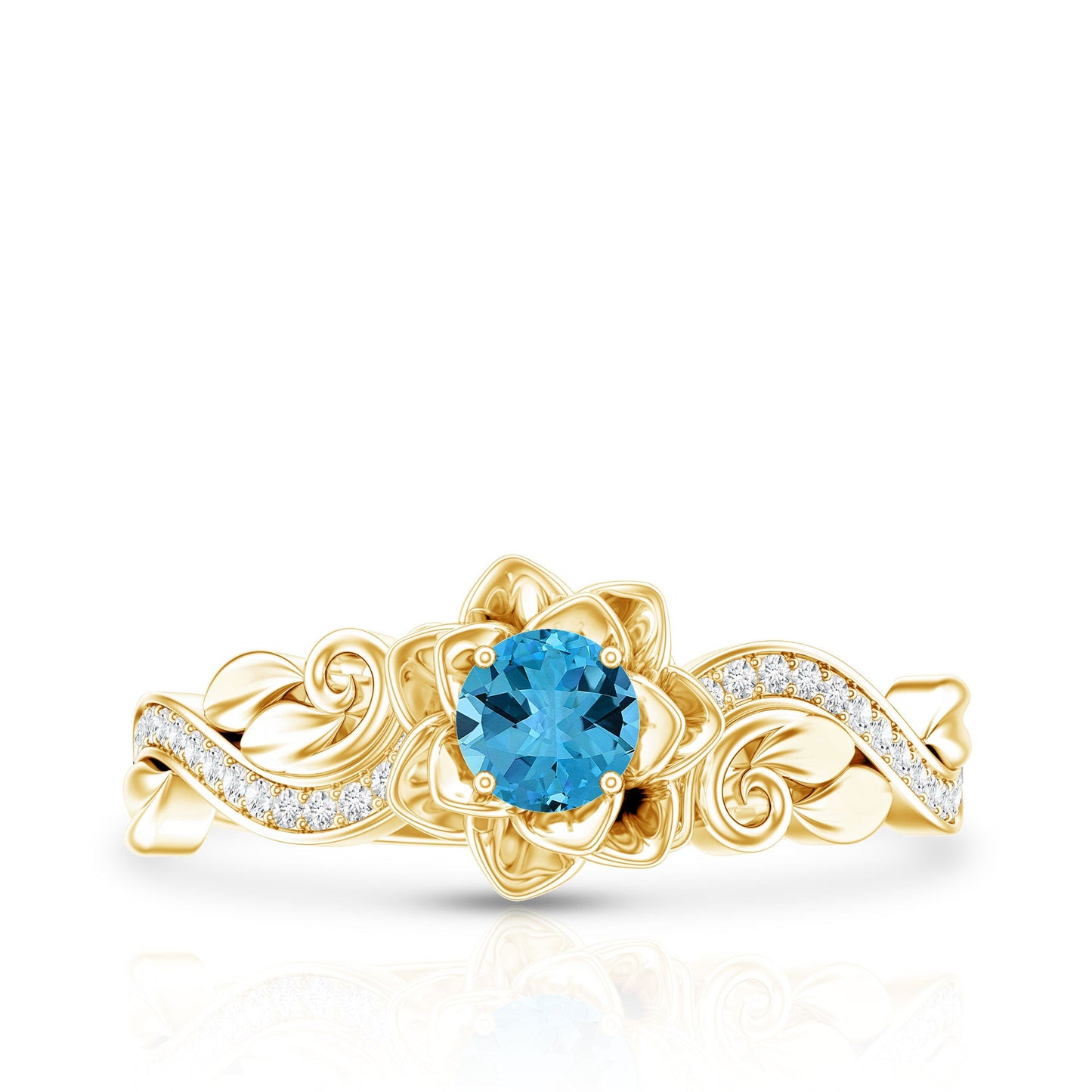 Natural Swiss Blue Topaz Flower Engagement Ring in Gold Plated Silver