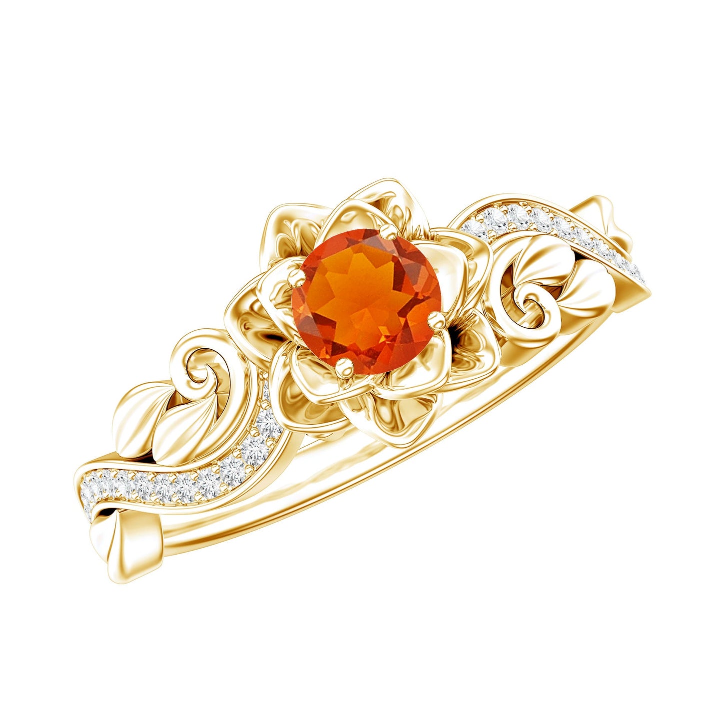 Certified Fire Opal and Diamond Rose Flower Engagement Ring