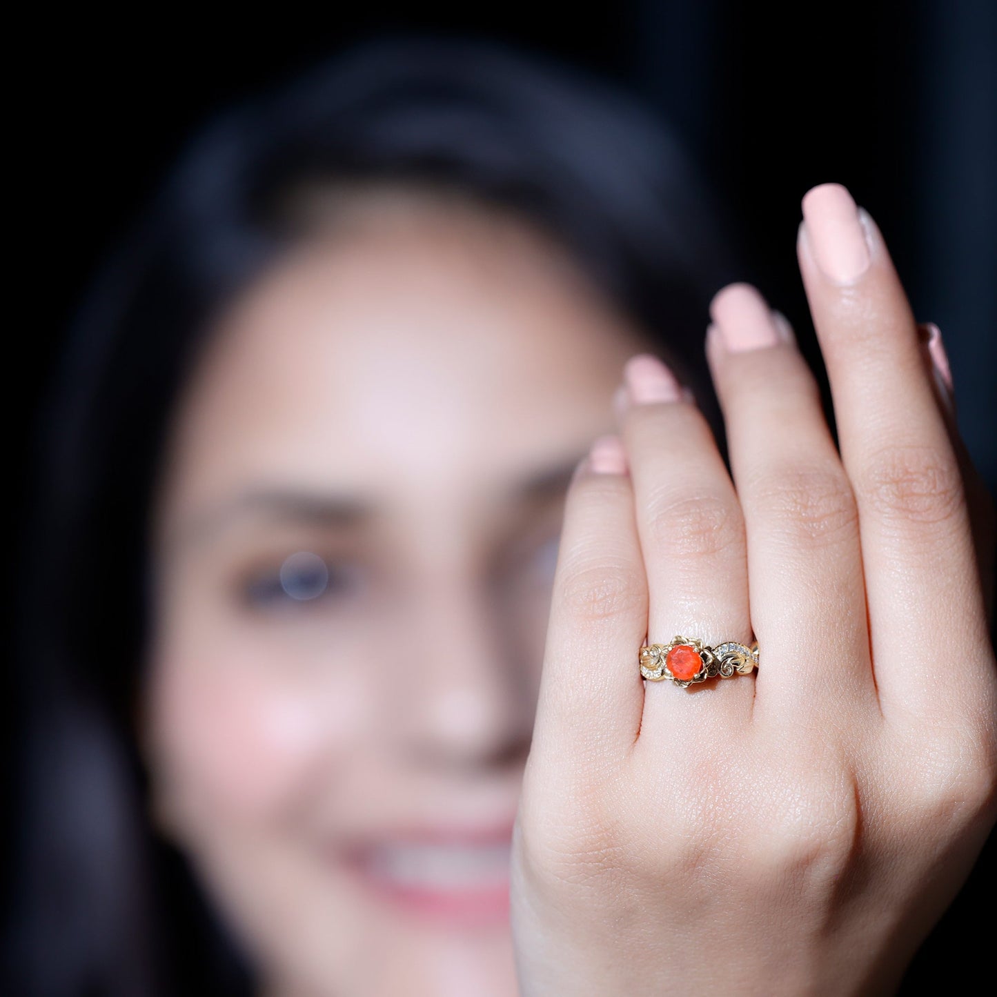 Certified Fire Opal and Diamond Rose Flower Engagement Ring