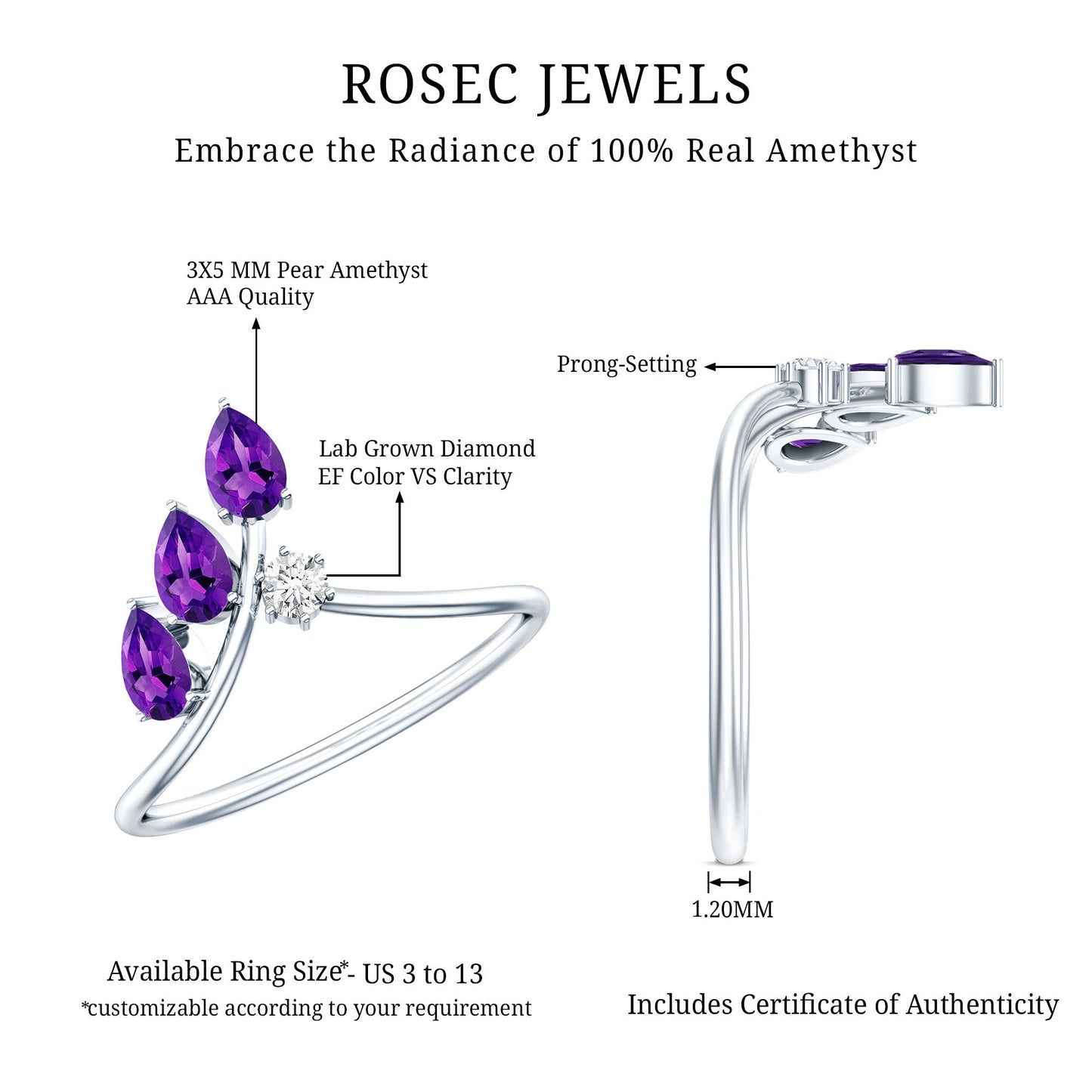 Real Pear Shaped Amethyst and Diamond Ring For Women