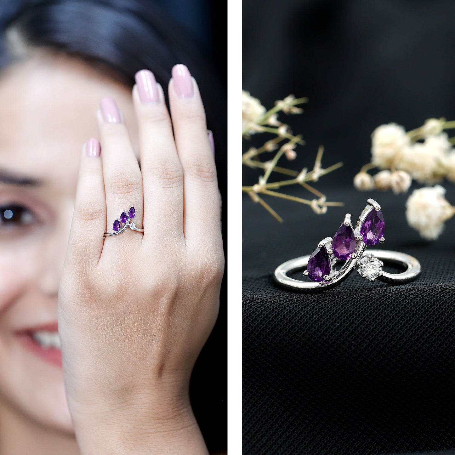 Real Pear Shaped Amethyst and Diamond Ring For Women