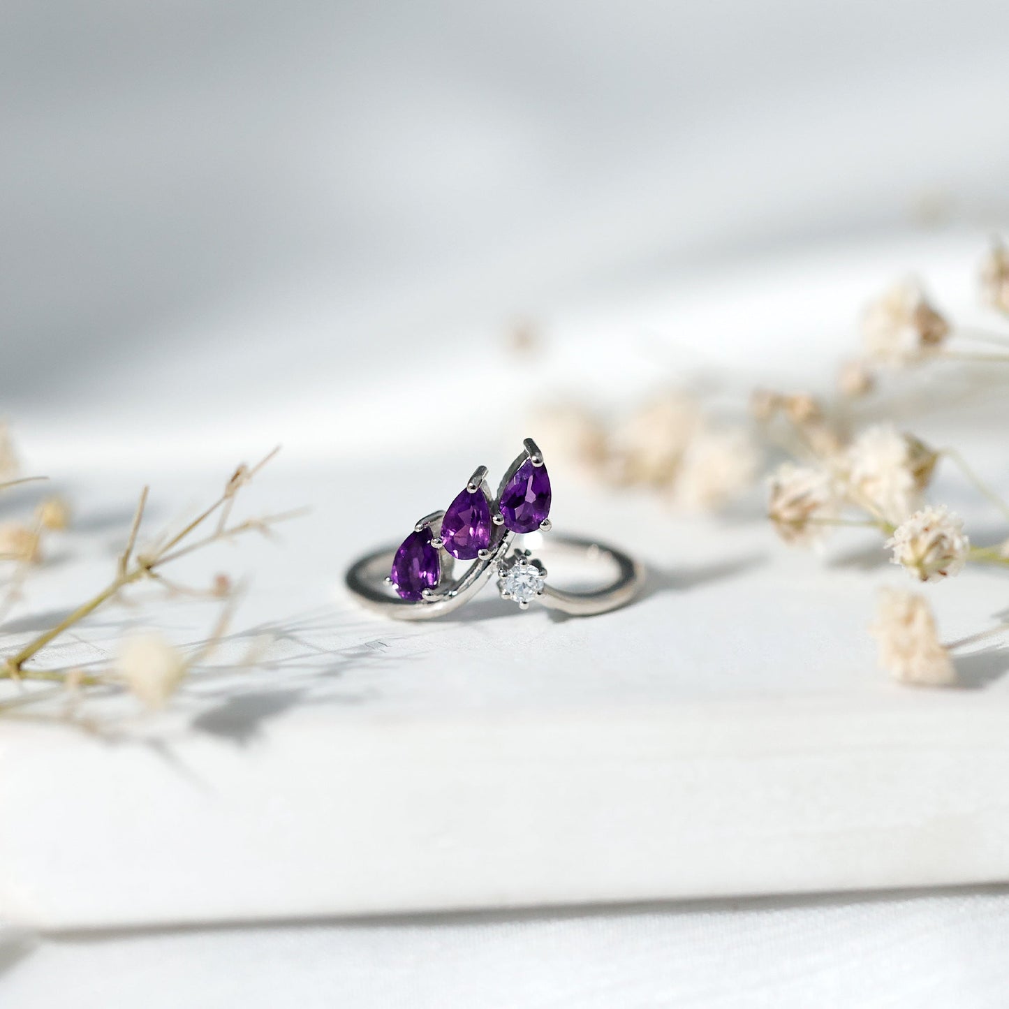 Real Pear Shaped Amethyst and Diamond Ring For Women