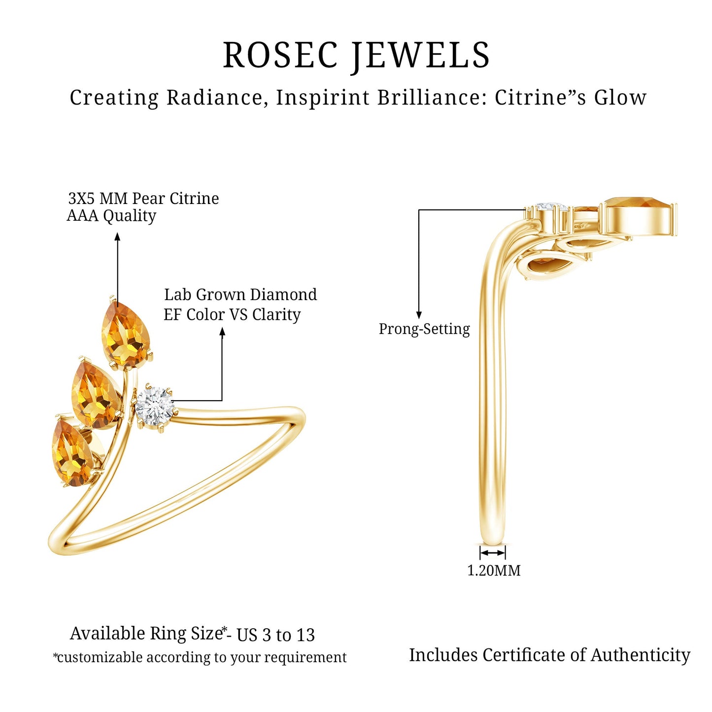 Certified Pear Shaped Citrine Ring Guard with Lab Diamond