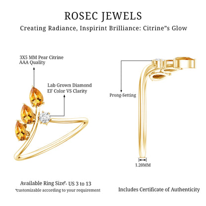 Certified Pear Shaped Citrine Ring Guard with Lab Diamond