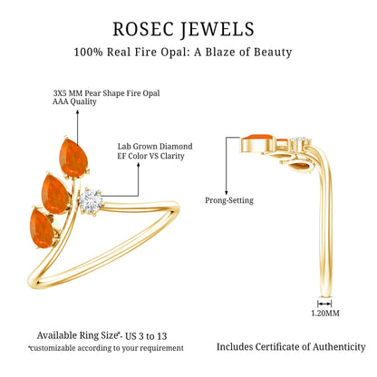 Pear Shaped Fire Opal Stackable Ring with Lab Grown Diamond
