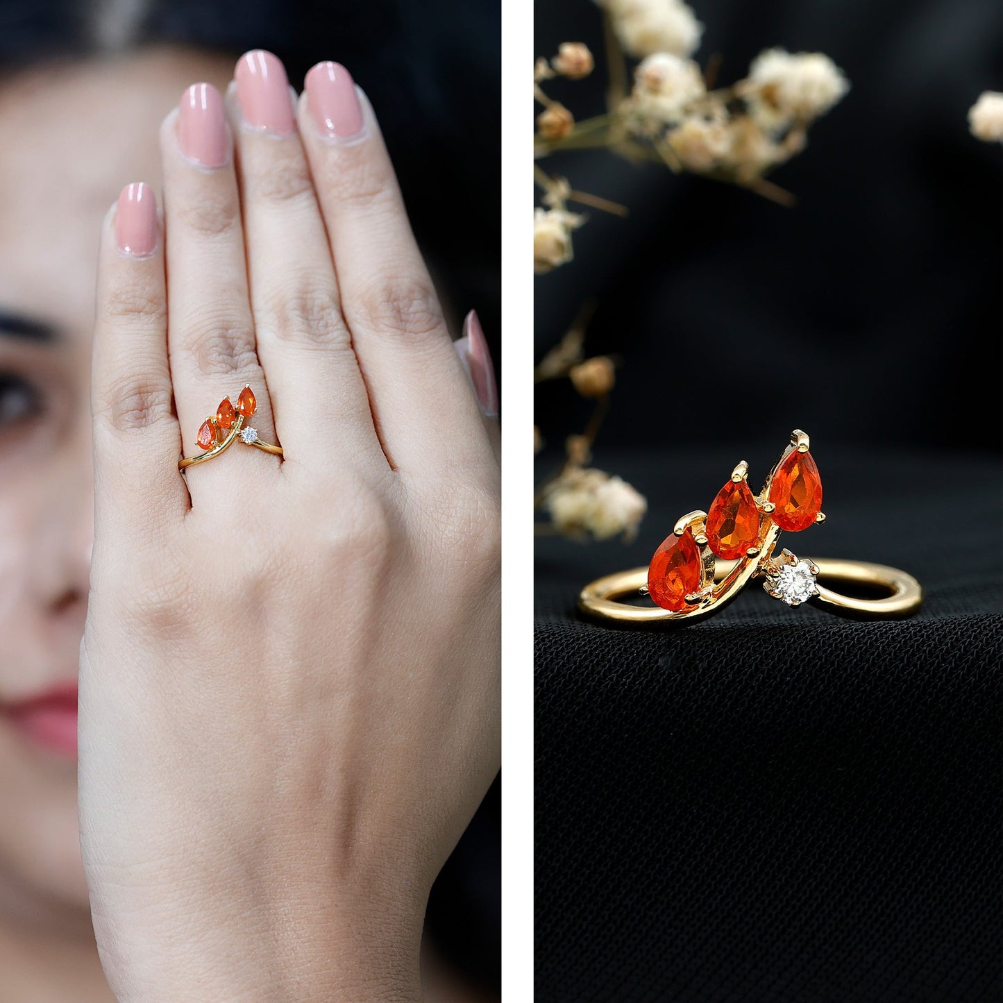 Pear Shaped Fire Opal Stackable Ring with Lab Grown Diamond