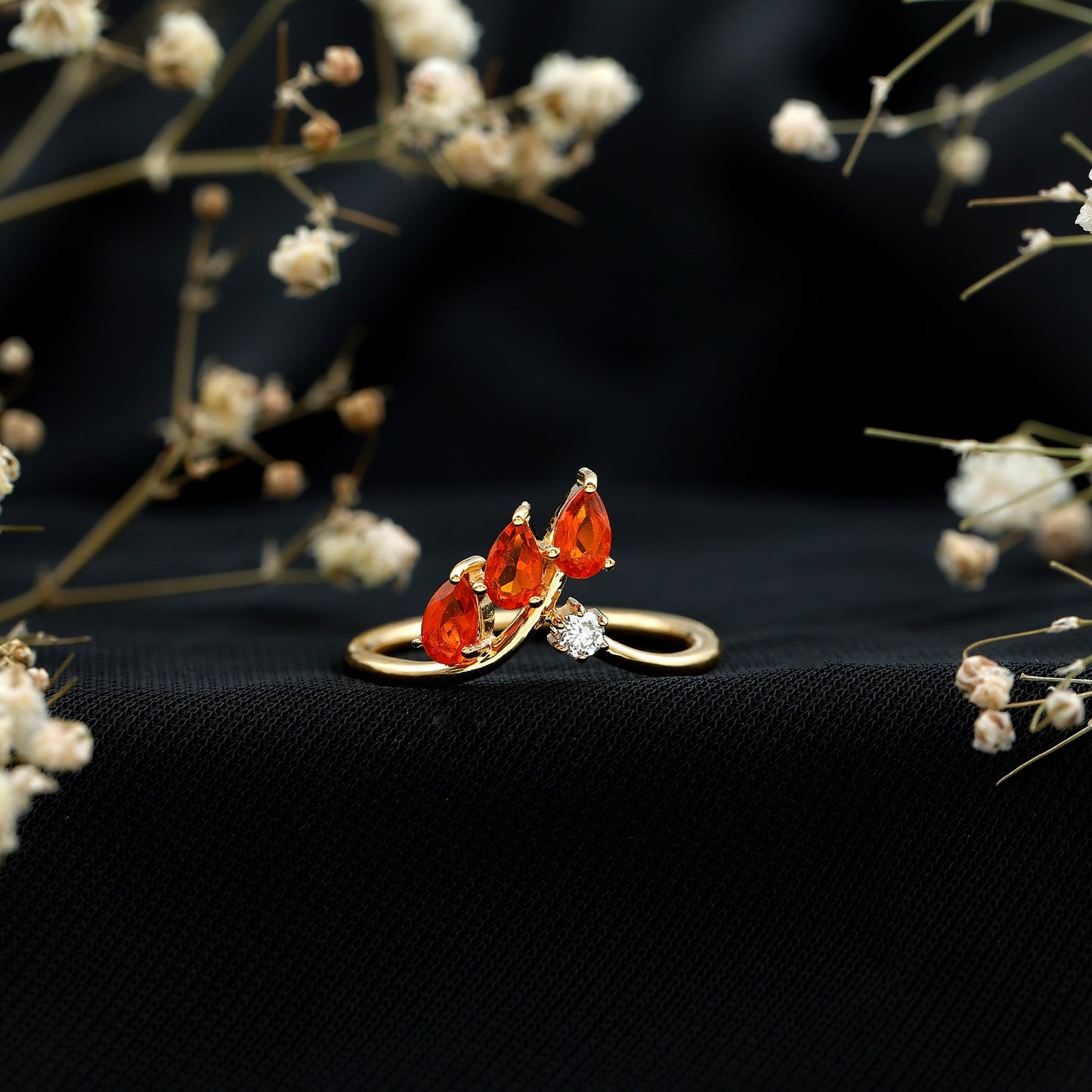 Pear Shaped Fire Opal Stackable Ring with Lab Grown Diamond